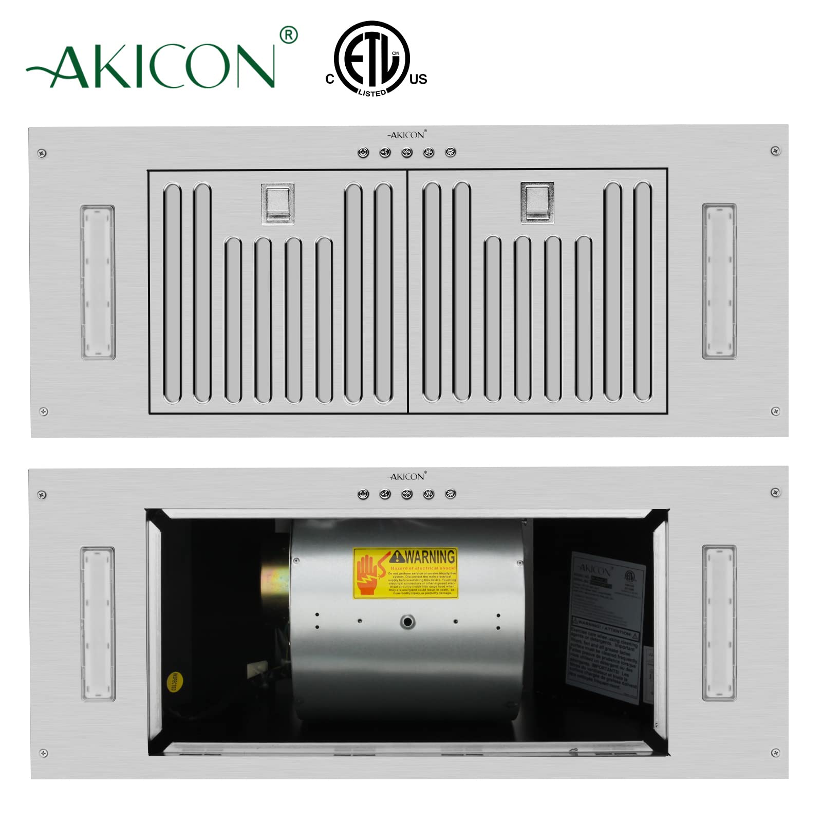 Akicon 30 Inch Stainless Steel Range Hood Insert - Ultra Quiet 600 CFM Ducted Kitchen Vent Hood with Powerful Suction, 3-Speed Settings, LED Lights & Dishwasher Safe Filters - Perfect for Built-In Kitchen Ventilation & Smoke Removal