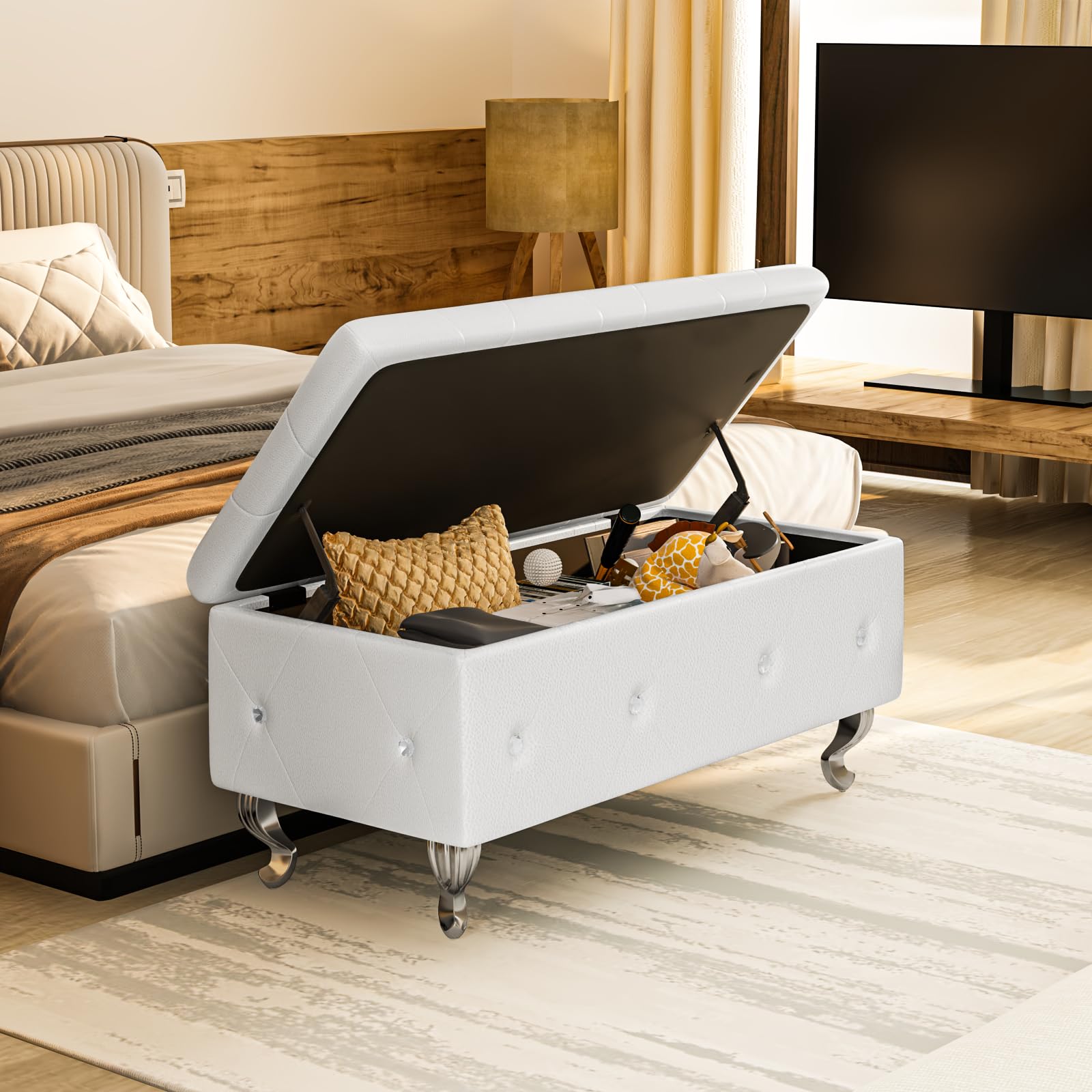 DKLGG Leather Storage Ottoman Bench with Seating - Upholstered Bedroom, Living Room & Entryway Furniture - White - Perfect for Extra Seating, Shoe Storage & Home Organization