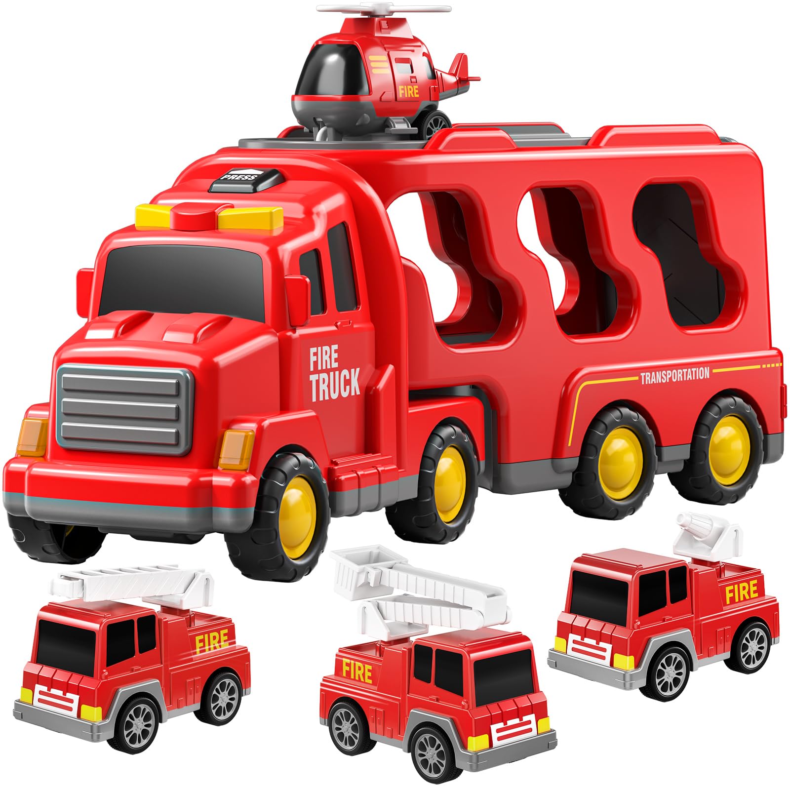 Fire Truck Toy for Kids Ages 3-7 - Toddler Fire Engine Transport Vehicle Carrier with Lights & Sounds - Best Gift for Boys & Girls - Perfect for Pretend Play, Birthday Parties & Preschool Learning