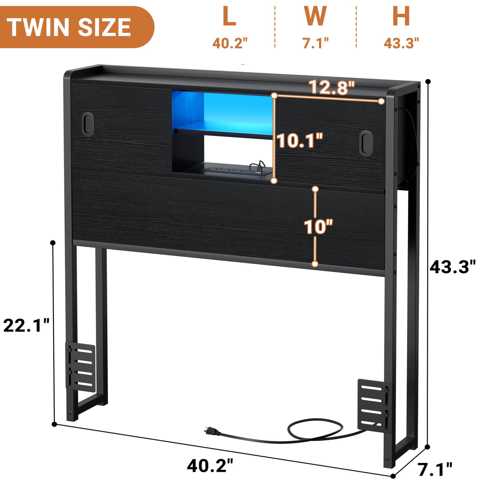 Homieasy Twin Size Headboard with Storage - USB Outlet, LED Light & Bookcase | Sturdy Sliding Door Design | Bed Frame Adapter Included | Perfect for Small Bedrooms, Dorms & Studio Apartments (Black)