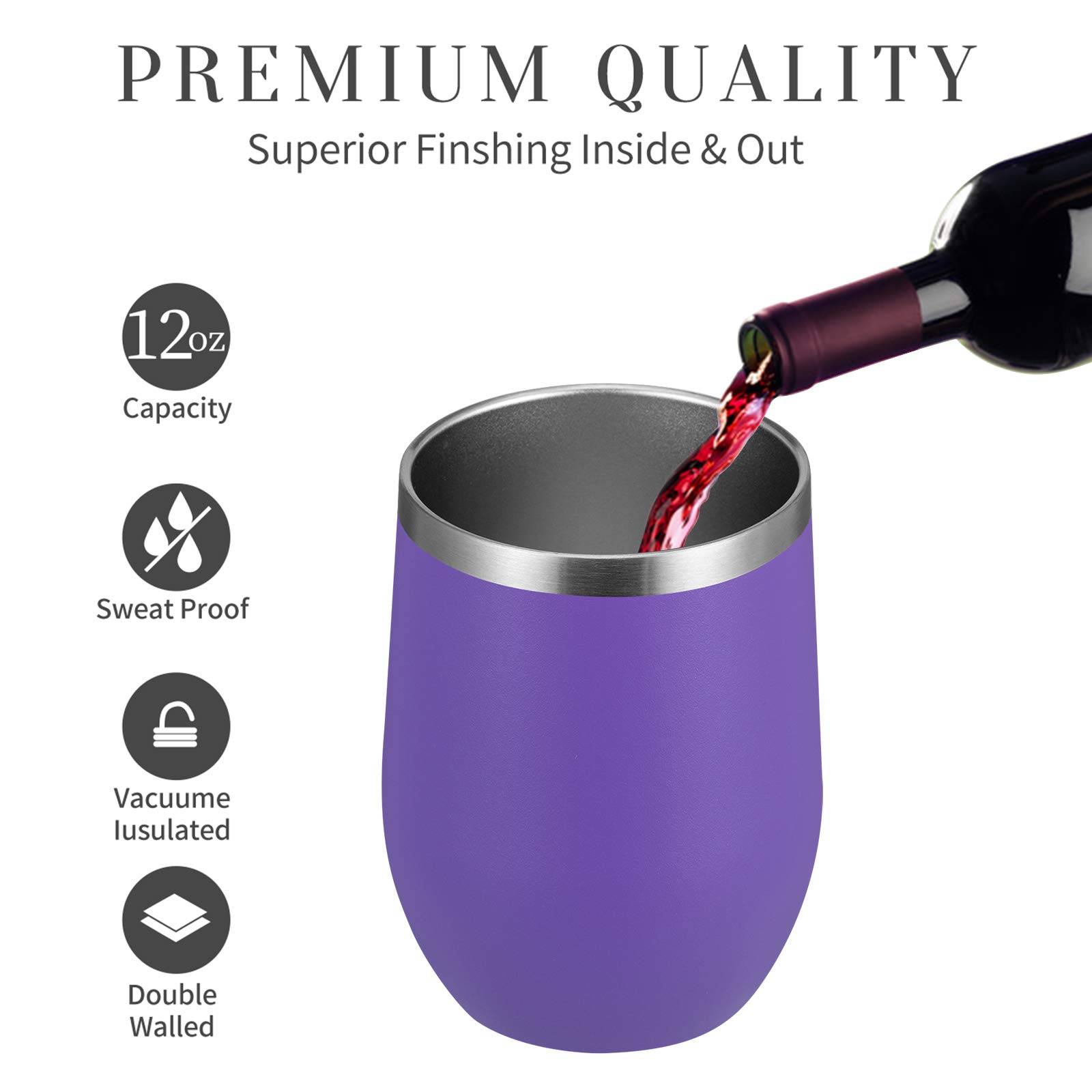MEWAY 12oz/8 Pack Insulated Stainless Steel Wine Tumbler with Lid - Double Wall Vacuum Travel Mug for Hot & Cold Drinks - Perfect for Wine, Coffee, Cocktails, Gifts (Purple, Set of 8) - Ideal for Home, Office, Camping, Picnics & Outdoor Adventures