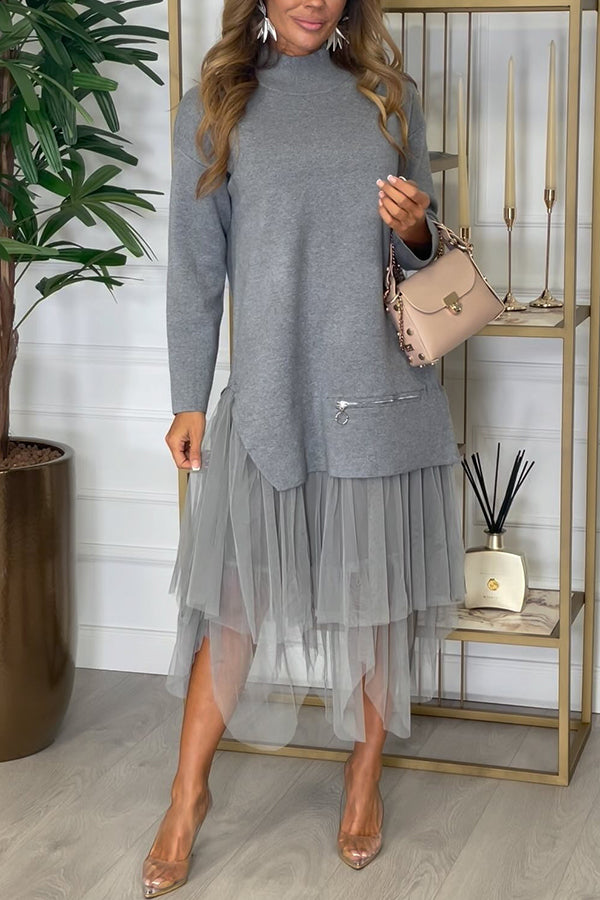 Taylor Knit Turtleneck Zip-Up Top & Elastic Waist Tulle Loose Midi Skirt Set - Women's Casual Winter Outfit for Office, Date Night & Holiday Parties