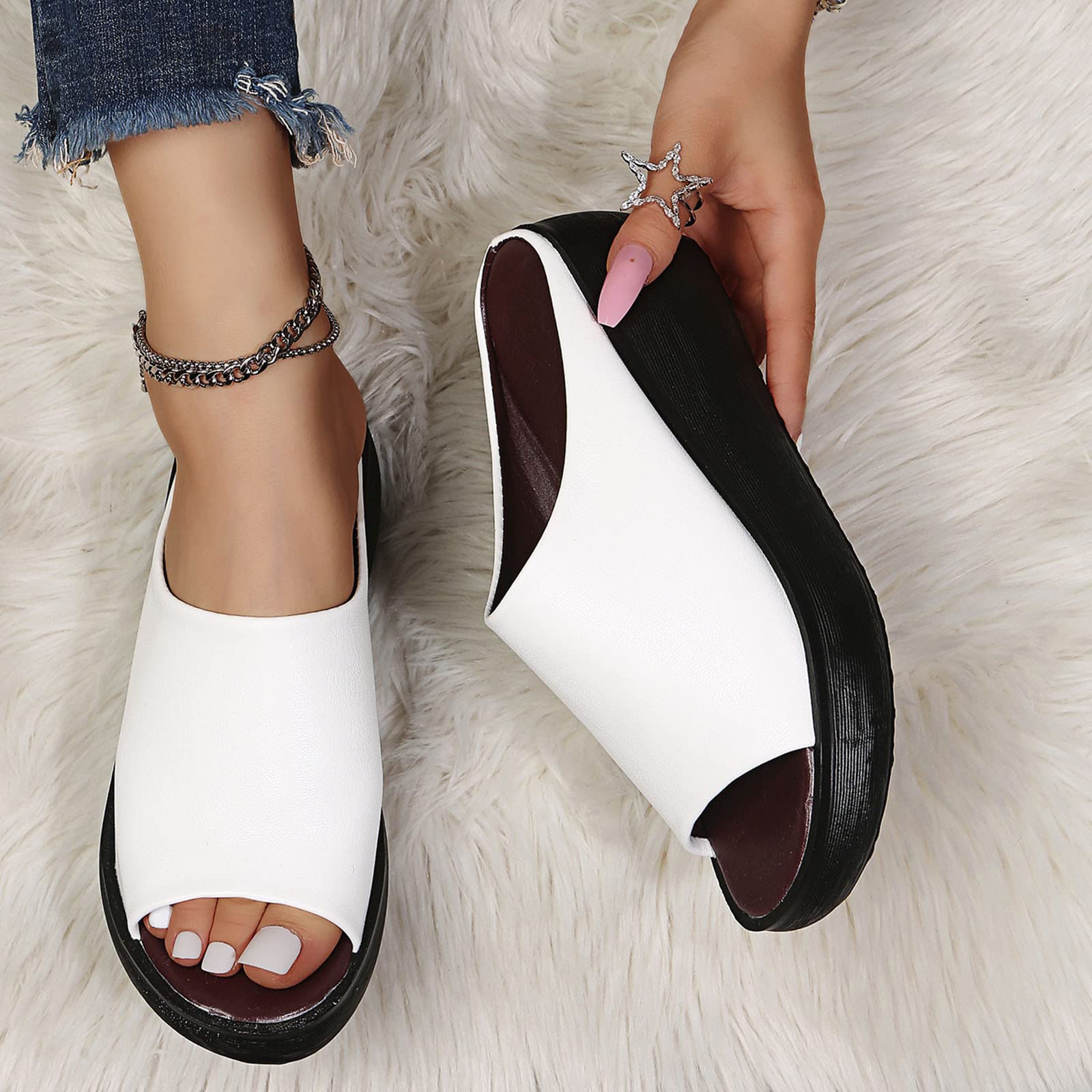Women's Slip-On Sandals - Dressy Summer Casual Fish Mouth Open Toe Platform Wedge Slippers with Thick Sole | Comfortable Outdoor Slides for Beach, Vacation & Daily Wear