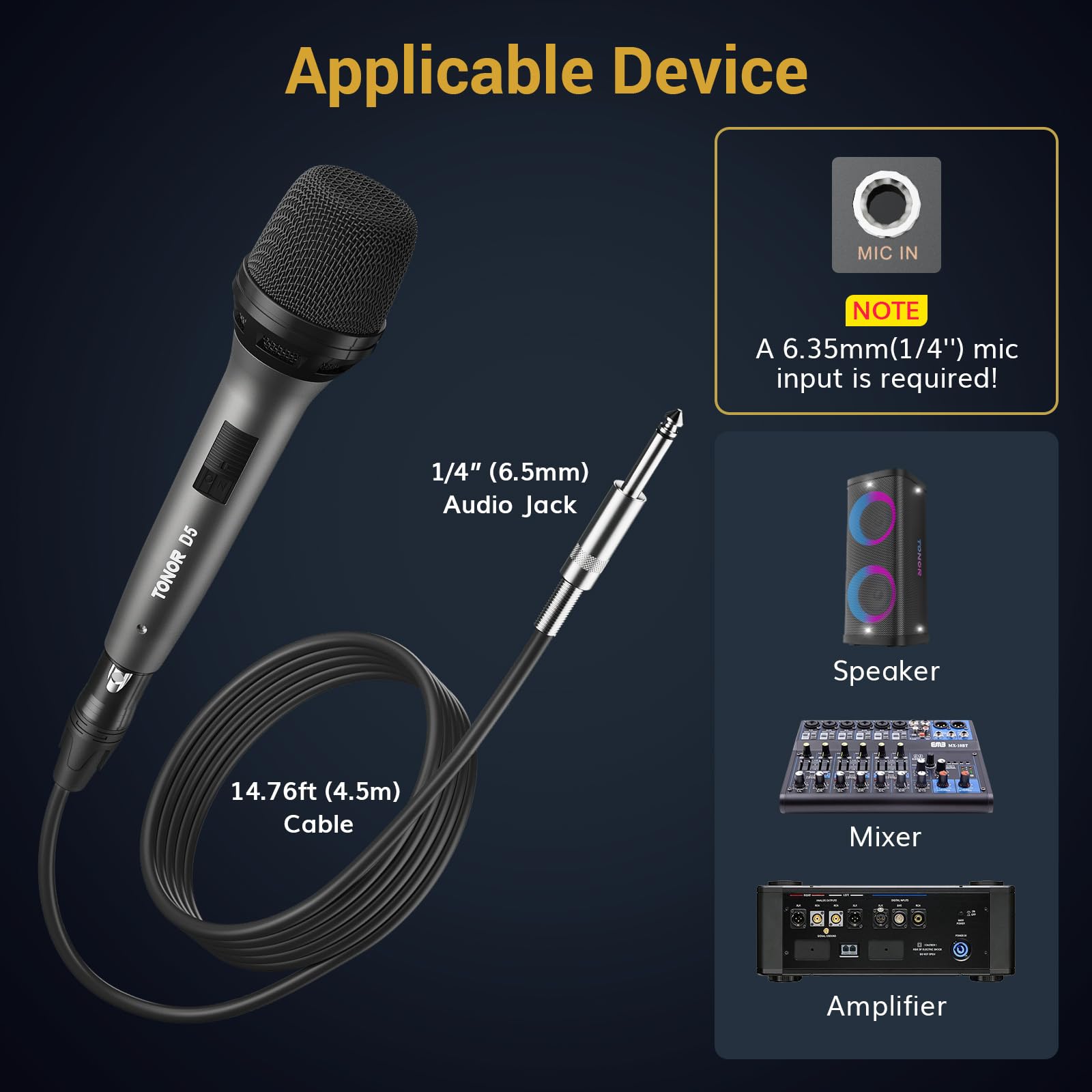 TONOR Professional Dynamic Vocal Microphone for Singing & Karaoke - Cardioid Studio Mic with 4.5M XLR to 1/4