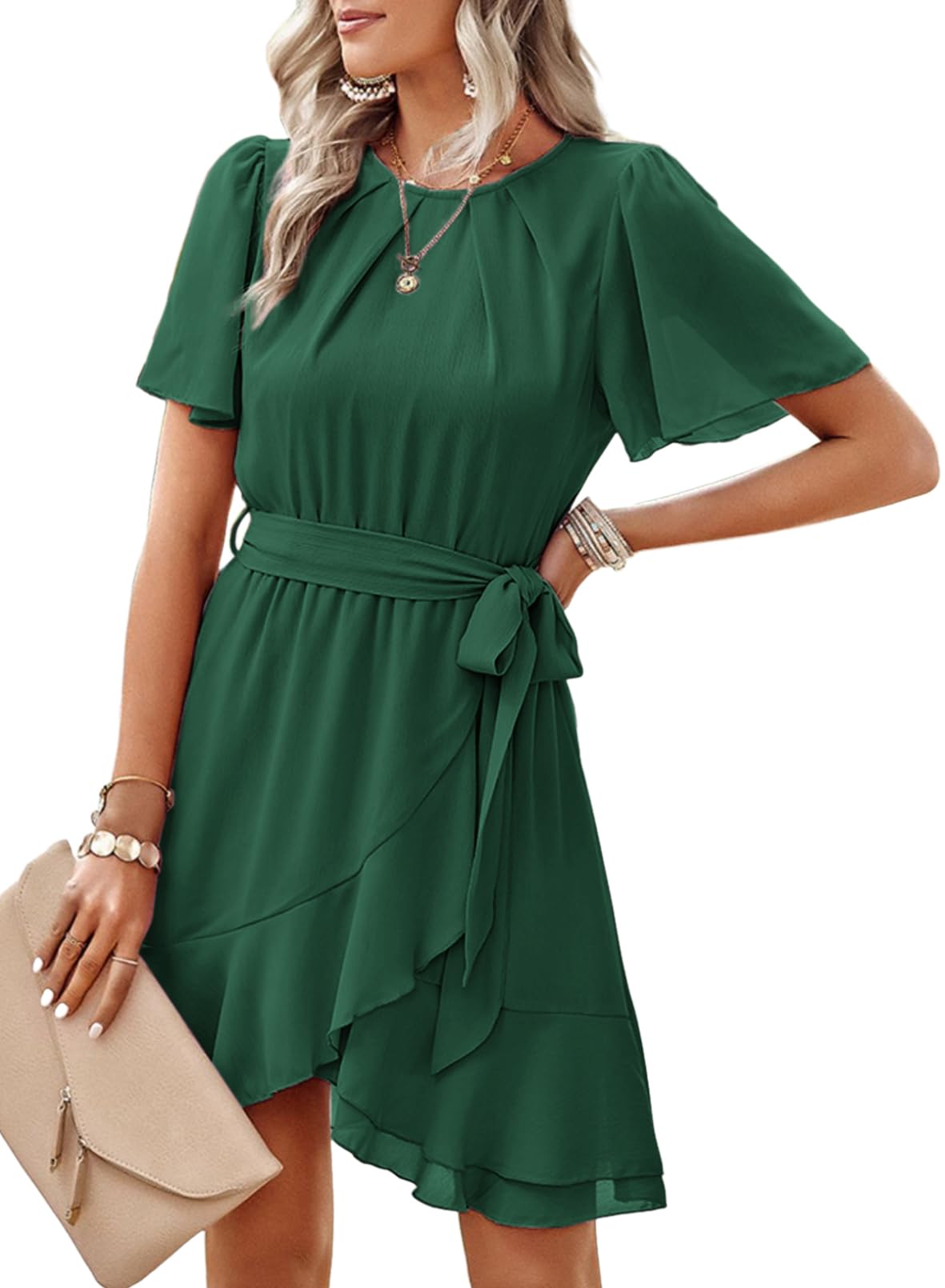 Dokotoo Women's Summer Dress 2025 - Crewneck Short Sleeve Chiffon A-Line Mini Dress with Waist Tie & Ruffle Details | Perfect for Beach Vacation, Date Night & Casual Outings