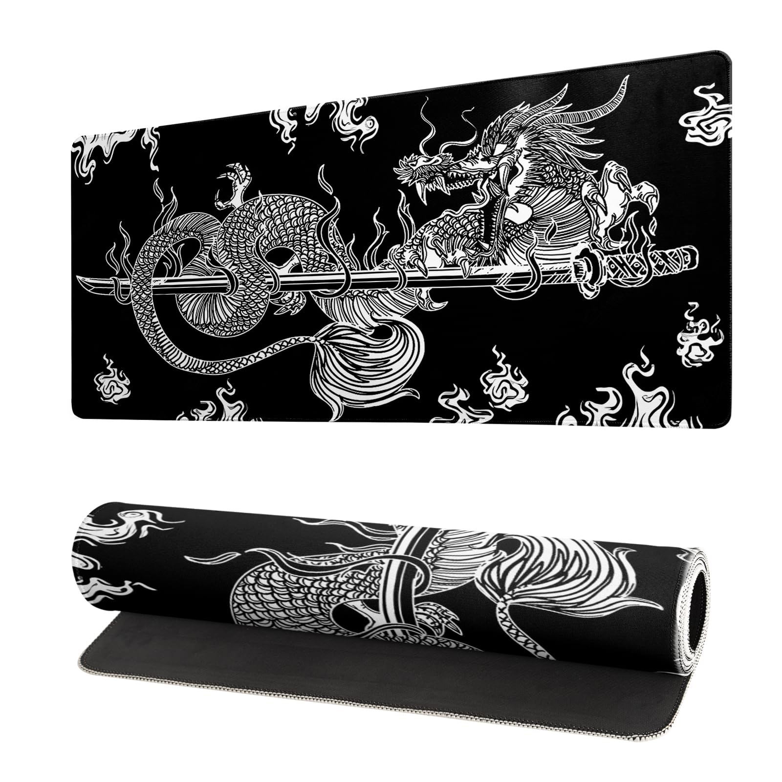 Premium Large Gaming Mouse Pad (27.6x11.8 Inch) - Non-Slip Base, Stitched Edges - Black Dragon Design Desk Mat for Keyboard & Mouse - Perfect for PC Gaming, Office Work & Home Computer Setup