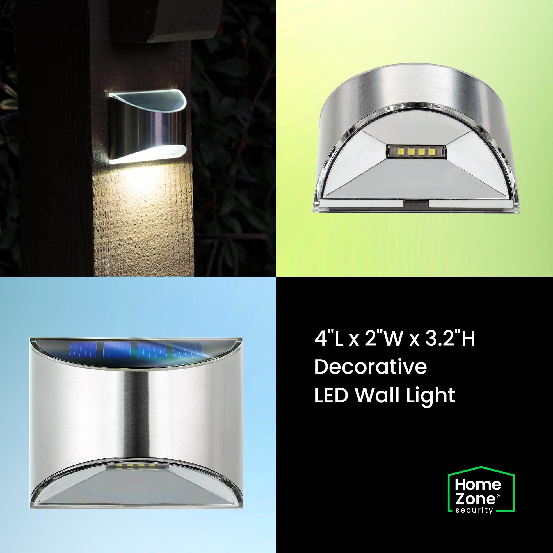 Home Zone Security Solar Wall Lights - Waterproof Outdoor Solar Fence & Step Lighting (4-Pack) - No Wiring Needed, Stainless Steel - Perfect for Garden, Pathway, Deck & Patio Illumination