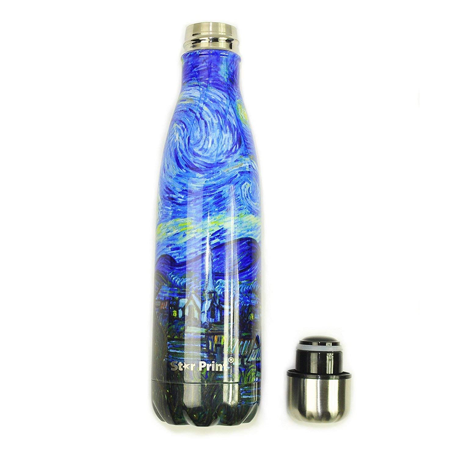 Van Gogh The Starry Night Stainless Steel Water Bottle - 17oz Double Wall Vacuum Insulated Tumbler with Star Print - Perfect for Travel, Office & Outdoor Activities