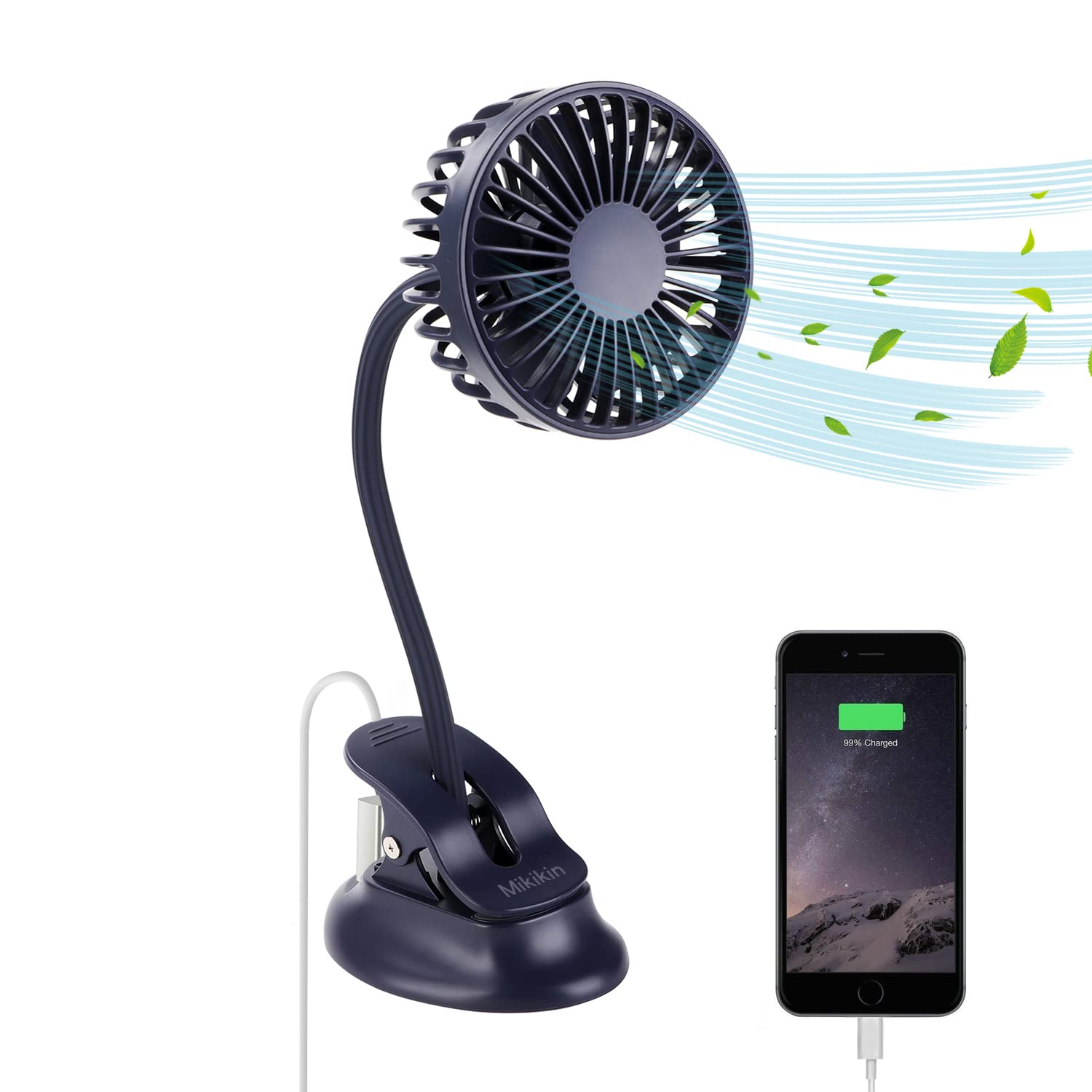 Mikikin Clip on Fan - Small Mini USB Rechargeable Portable Fan with 3 Speeds & Flexible Neck, Battery Operated for Baby Stroller, Desk, Office, Car, Dorm, Travel, Camping & Beach - Quiet Personal Cooling Fan for Home, Work & Outdoor Activities