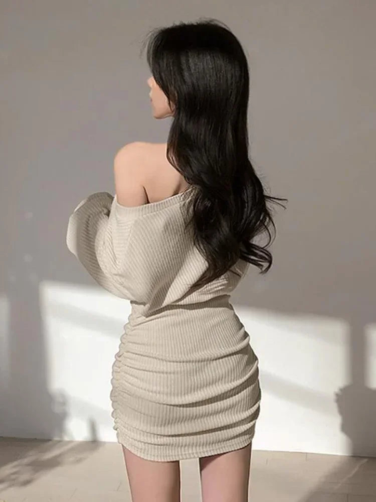 Korean Fashion Women's Bodycon Wrap Mini Dress - Off Shoulder Ruched Slim Short Dress for Autumn | Kpop Style, Night Out, Party, Clubwear