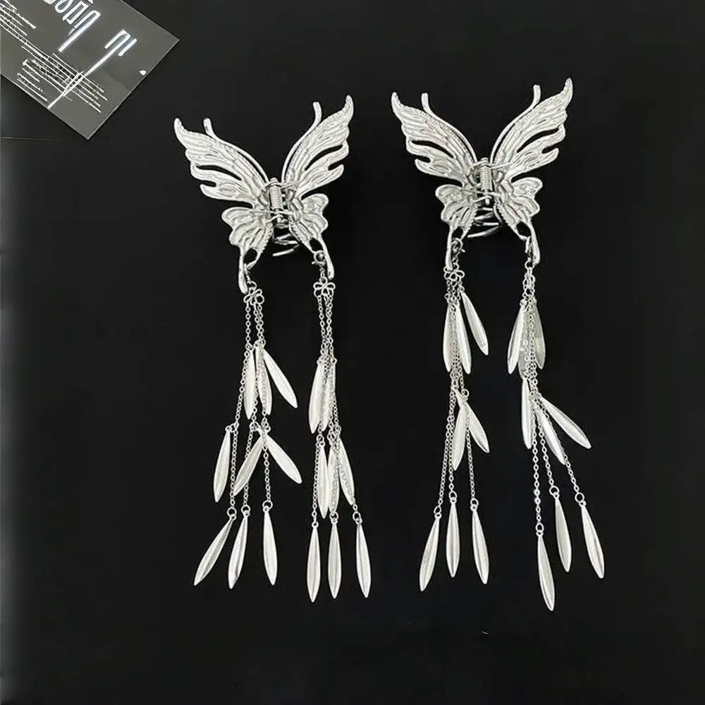Silver Butterfly Hair Clip for Women - Trendy Chinese Hollow Tassel Barrette | Perfect for Parties, Weddings & Everyday Styling