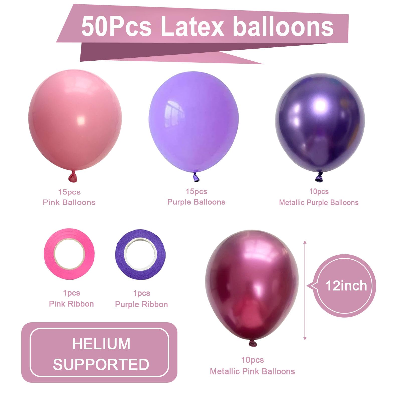 50Pcs 12 Inch Metallic Pink & Purple Latex Balloons - Premium Party Decorations for Birthday, Baby Shower, Wedding & Special Events - Perfect for Girls' Parties, Gender Reveals & Celebration Decor
