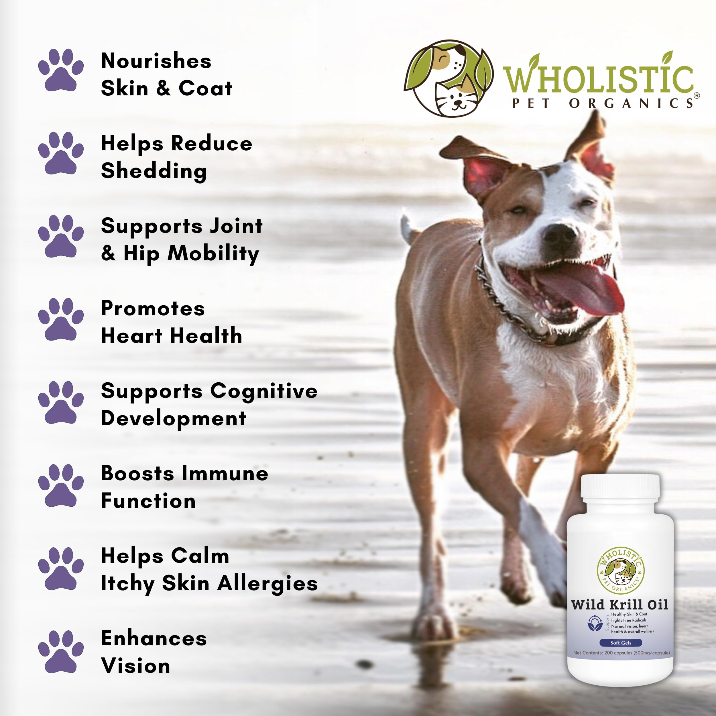 Wholistic Pet Organics Krill Oil Soft Gel Capsules for Dogs - 200 Count - Omega-3 & Astaxanthin Supplement for Joint Health, Shiny Coat & Heart Wellness - Perfect for Senior Dogs & Active Breeds