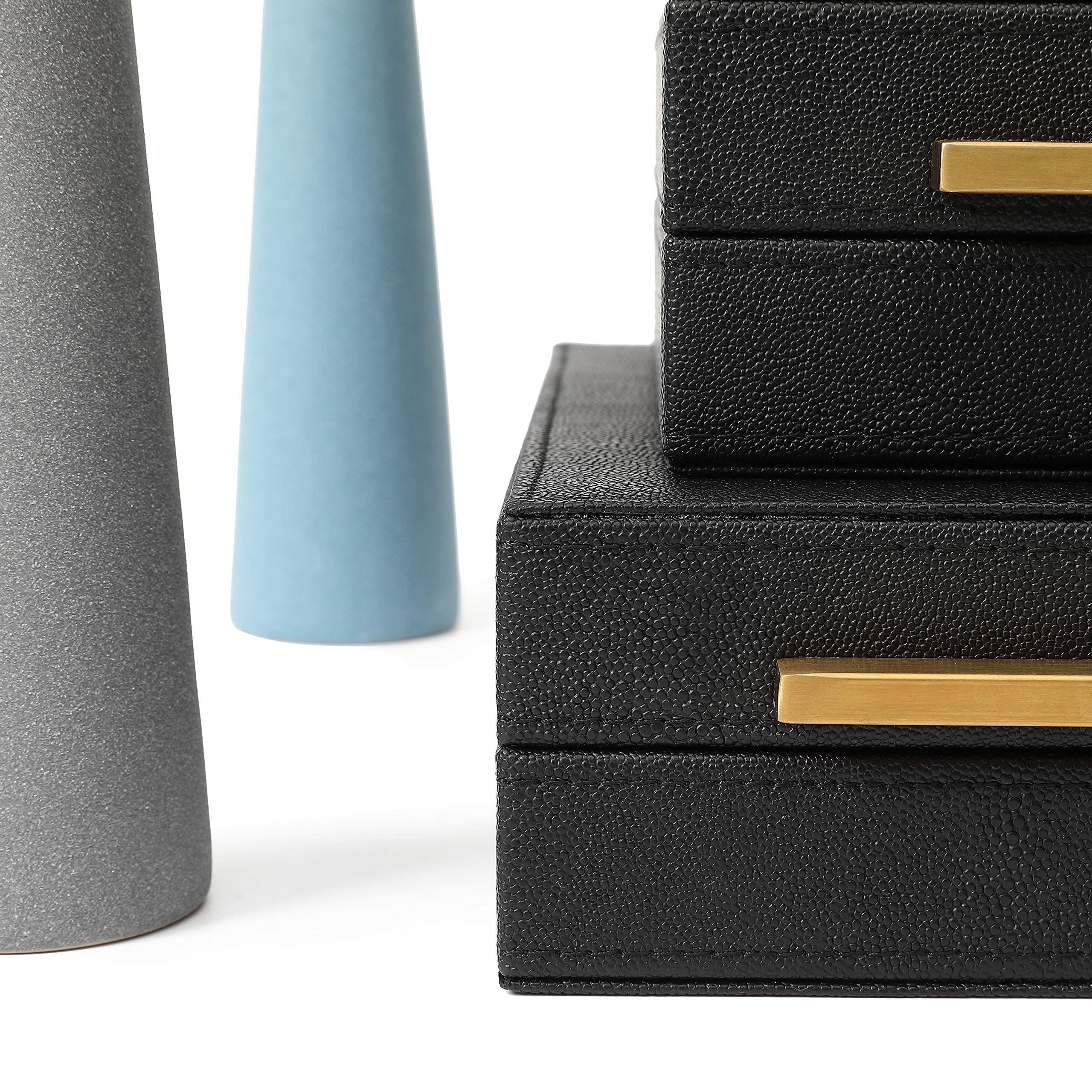 Kingflux Faux Black Shagreen Leather Decorative Storage Box Set - 3 Piece Jewelry & Accessory Organizer for Men & Women - Perfect for Dresser, Vanity, Nightstand & Home Decor (Black)