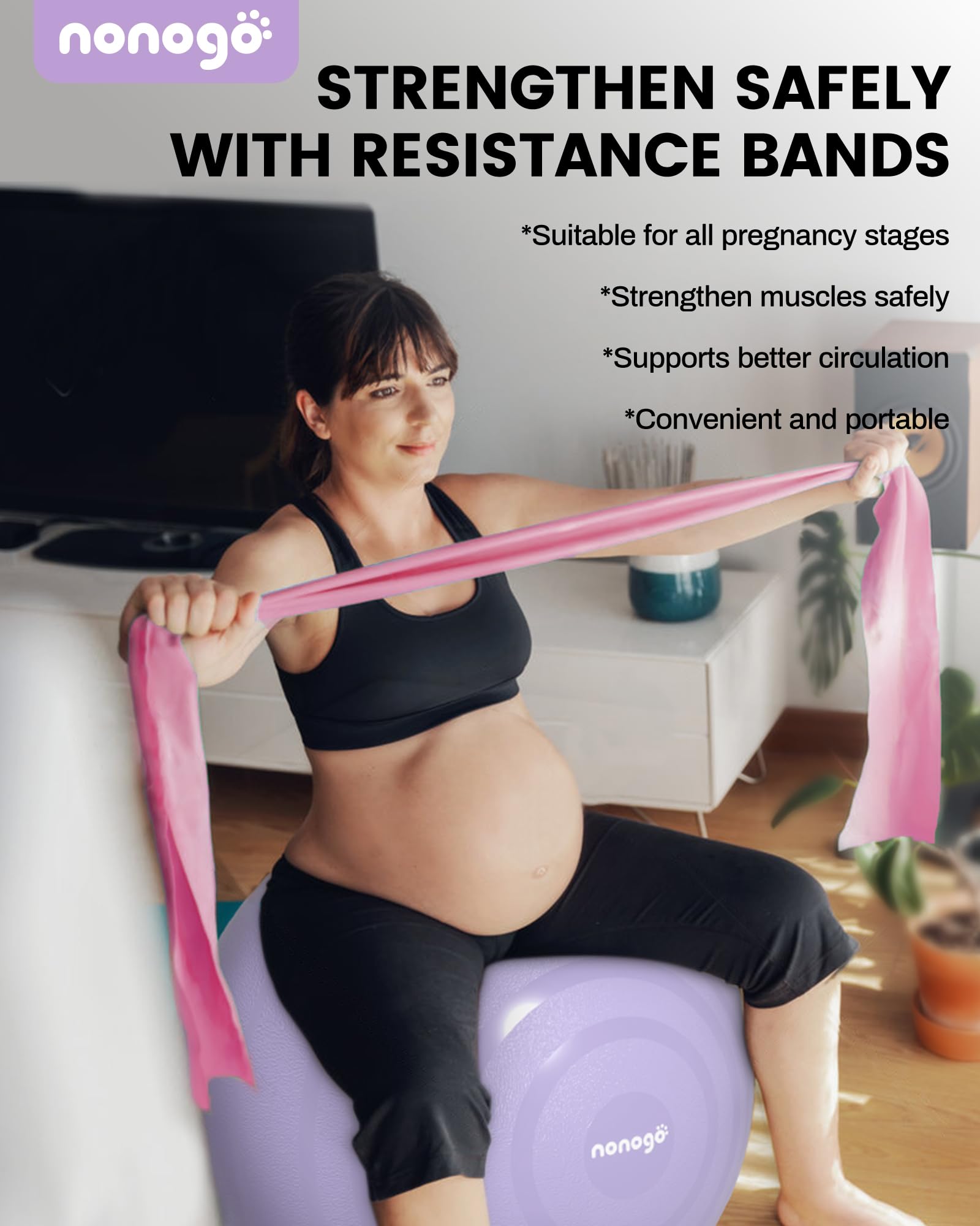 Nonogo Birthing Ball for Pregnancy with Resistance Bands - Exercise Ball for Yoga, Physical Therapy & Maternity Workouts - Stability Ball with Pump for Home Gym, Office & Pregnancy Fitness