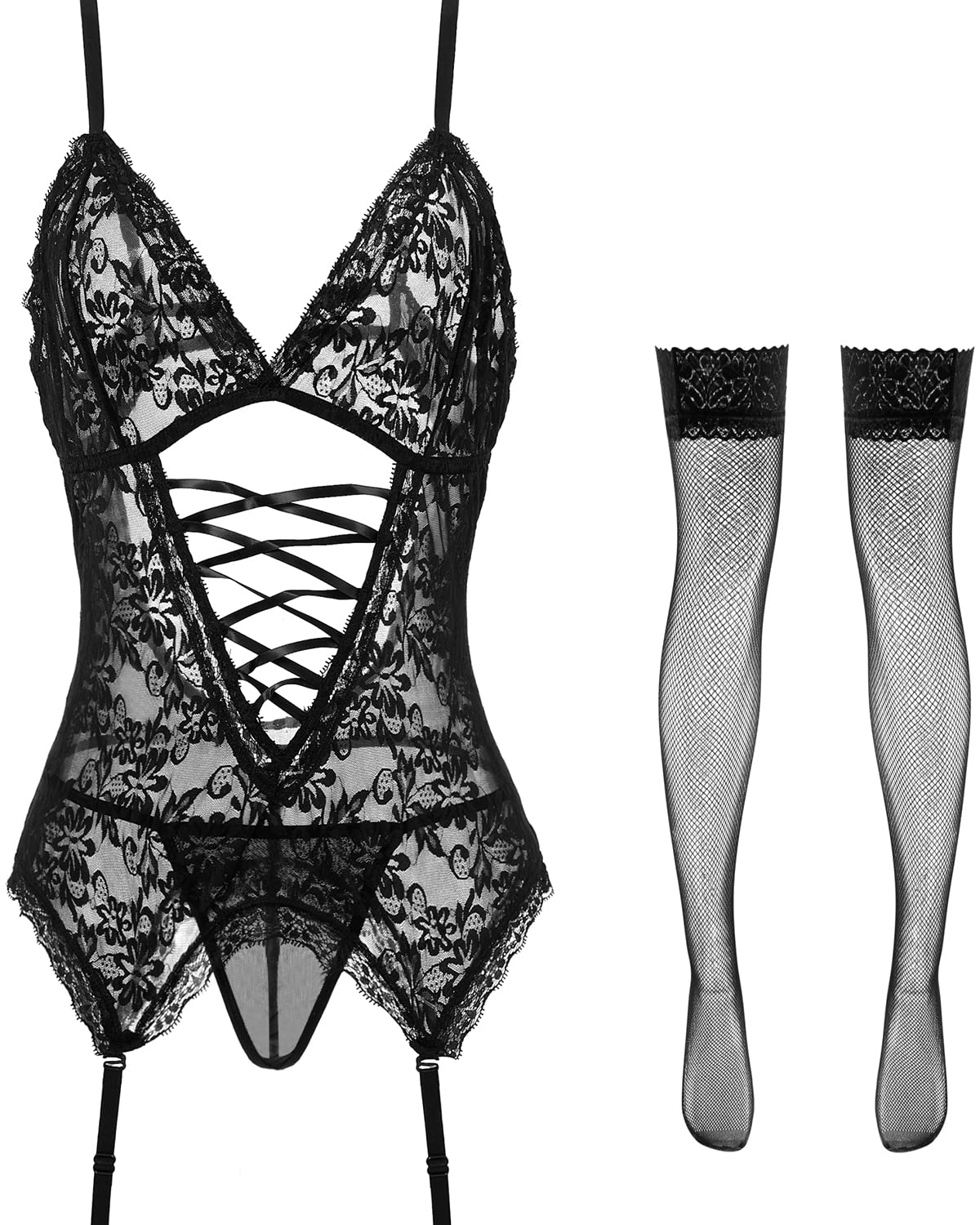Anyou Women's Lingerie Set - Stretchy Lace Teddy with Stockings, Plus Size Lingerie S-XXXXL for Date Night, Bridal Shower & Romantic Occasions