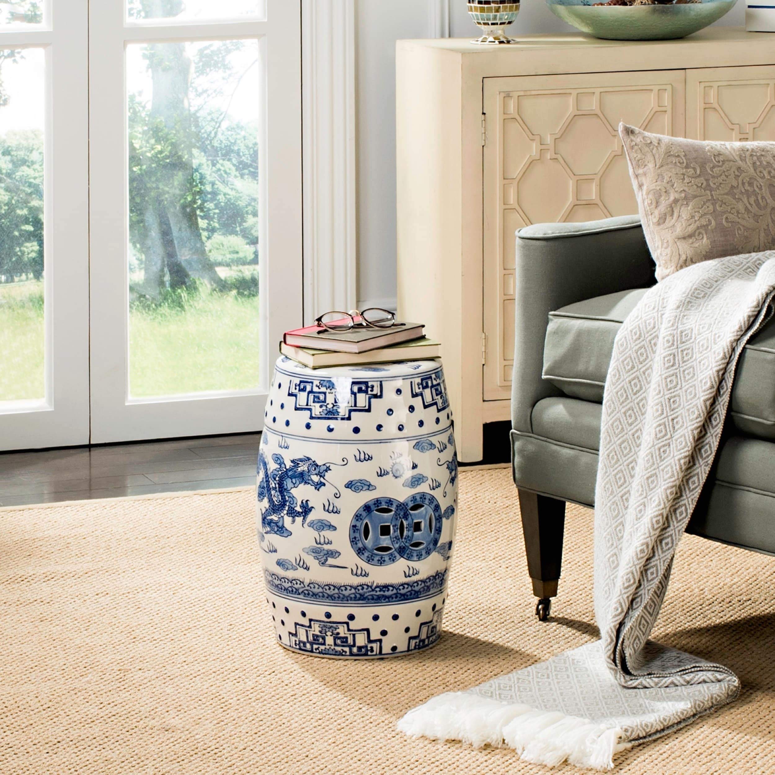 Handmade Blue Chinoiserie Ceramic Garden Stool - Ocean Jewel Design for Outdoor Patio, Porch Decor & Transitional Home Style