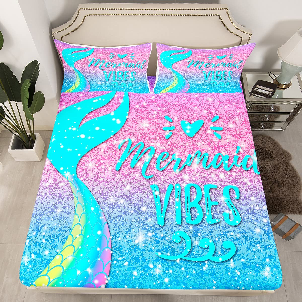 **Glitter Galaxy Mermaid Bed Sheet Set Full Size - Rainbow Sequins Ocean Scales Bedding for Kids, Girls & Women - Pink Blue Pastel Kawaii Coastal Animal Fitted & Flat Sheet 4 Pcs - Perfect for Kids' Rooms, Themed Bedrooms & Coastal Decor**