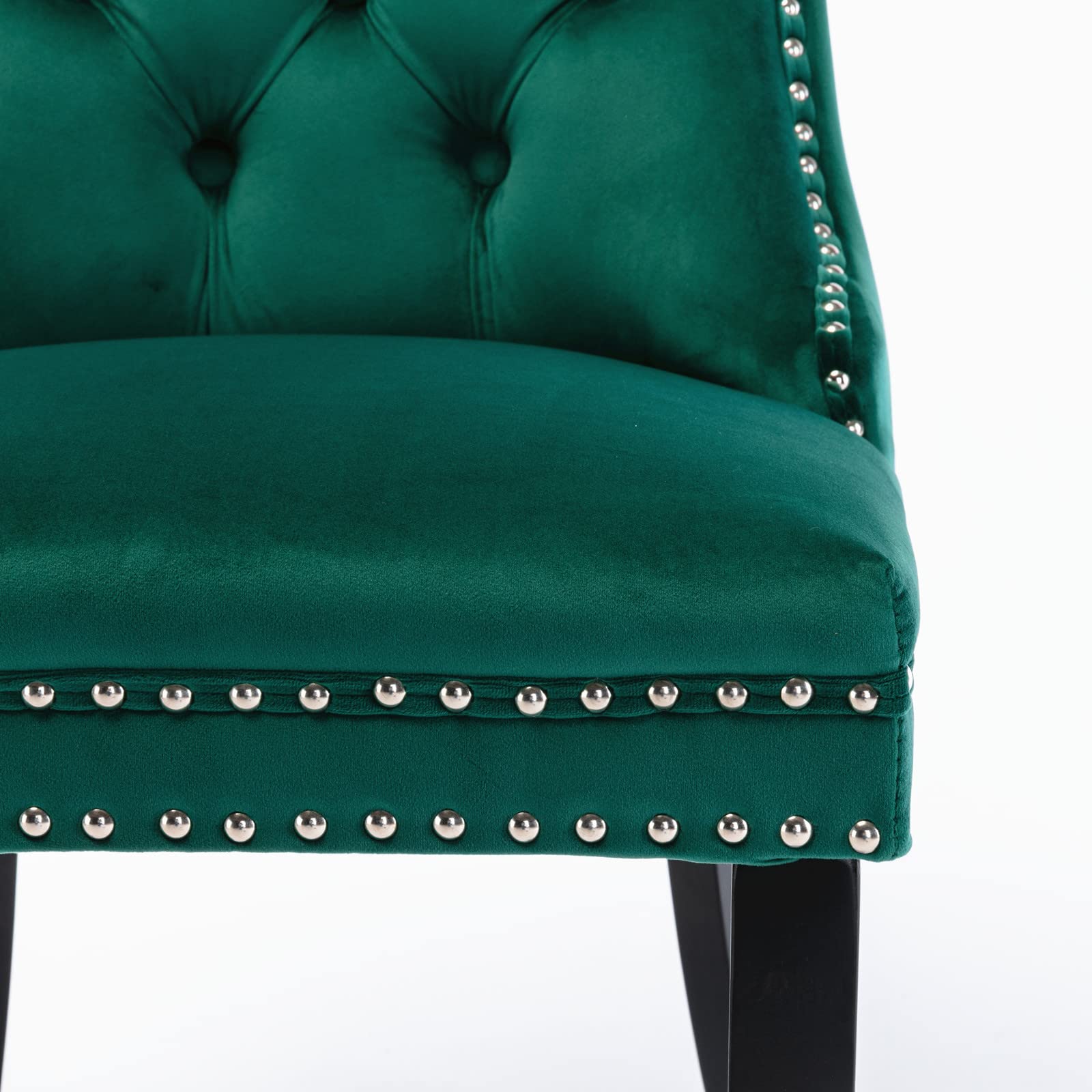 Rhomtree Set of 2 Velvet Dining Chairs - Luxury Tufted Back with Nailhead Trim, Solid Rubber Wood Legs - Emerald Green Accent Chairs for Kitchen, Dining Room & Home Decor