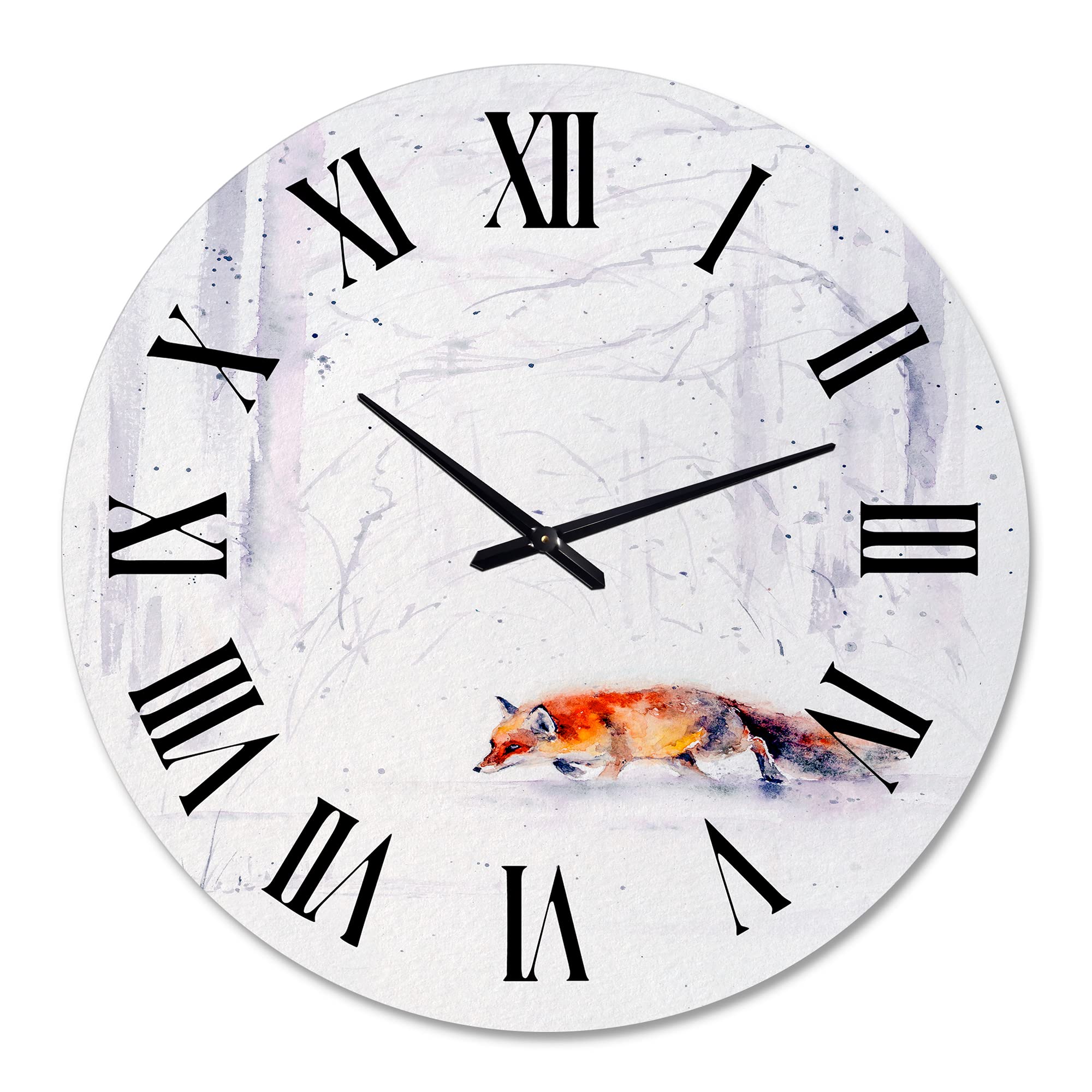 Farmhouse Wall Clock - 'Red Fox Running in White Snow II' Large Animal Wall Art for Living Room, Kitchen, Bedroom Decor | Rustic Home & Office Decoration