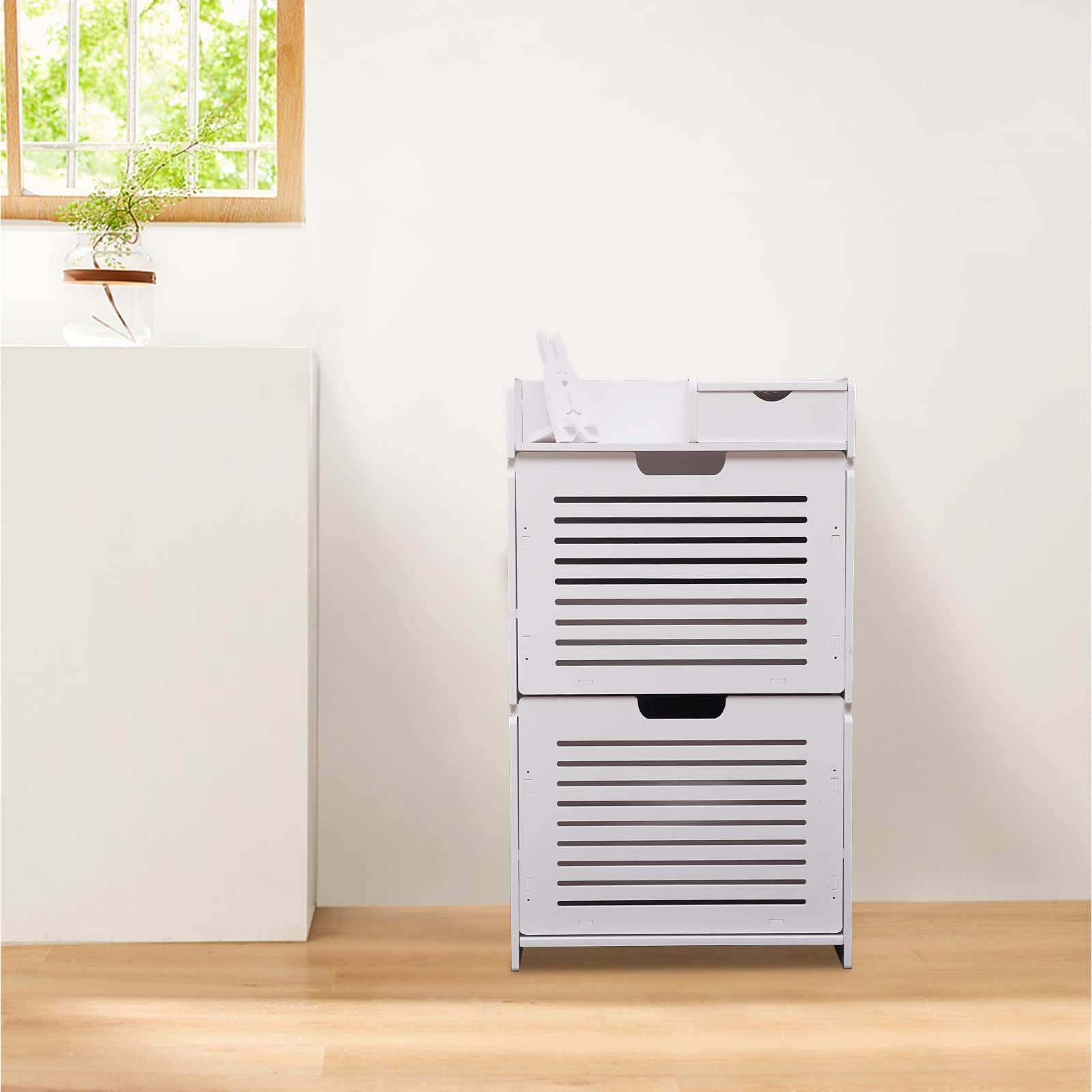 White Narrow Shoe Storage Cabinet - Flip Down Shoe Rack Organizer for Entryway | PVC Board Shoe Cabinet for Home, Apartment & Small Spaces | Perfect for Hallway, Closet & Mudroom Organization