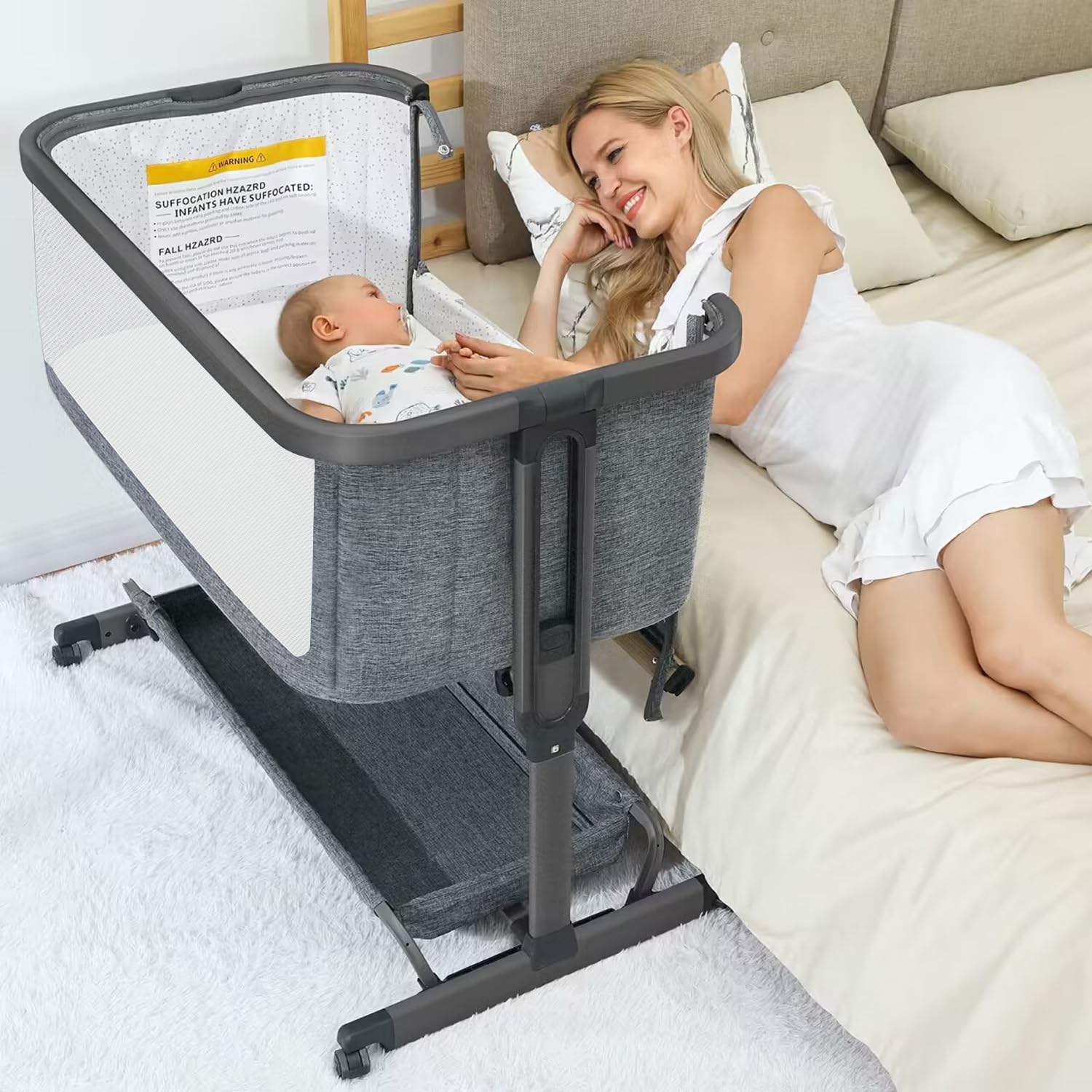 AMKE 3-in-1 Baby Bassinet with Storage Basket - Adjustable Bedside Sleeper Crib for Newborns & Infants, Breathable Mesh Portable Baby Bed - Perfect for Nursery, Bedroom & Travel (Easy Assembly)