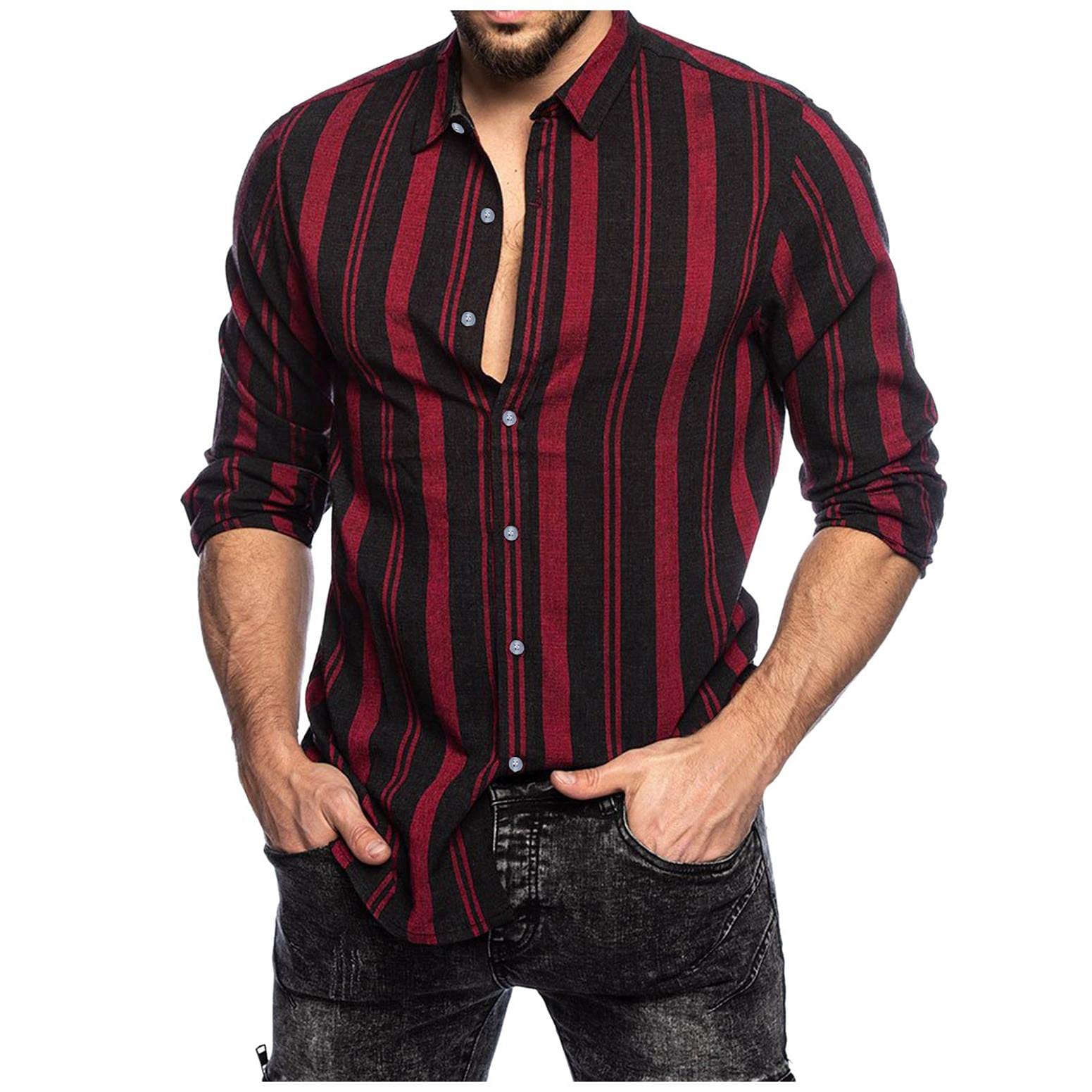 Burband Men's Slim Fit Vertical Striped Button Down Dress Shirt | Long Sleeve Stretch Oxford Shirt for Business & Casual Wear | Comfortable Office & Party Attire