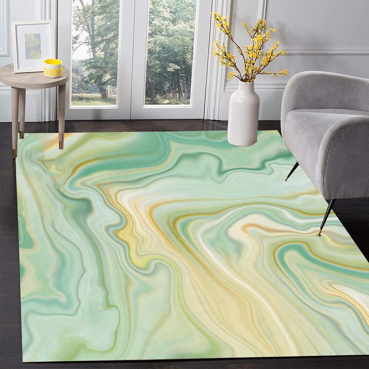 Modern Abstract Marble Swirl Area Rug 6x9 Feet - Green & Gold Boho Chic Soft Carpet for Living Room, Bedroom, Home Office - Washable Indoor Floor Mat for Dining Room, Kitchen, Laundry Room - Perfect for Cozy Home Decor & High-Traffic Areas
