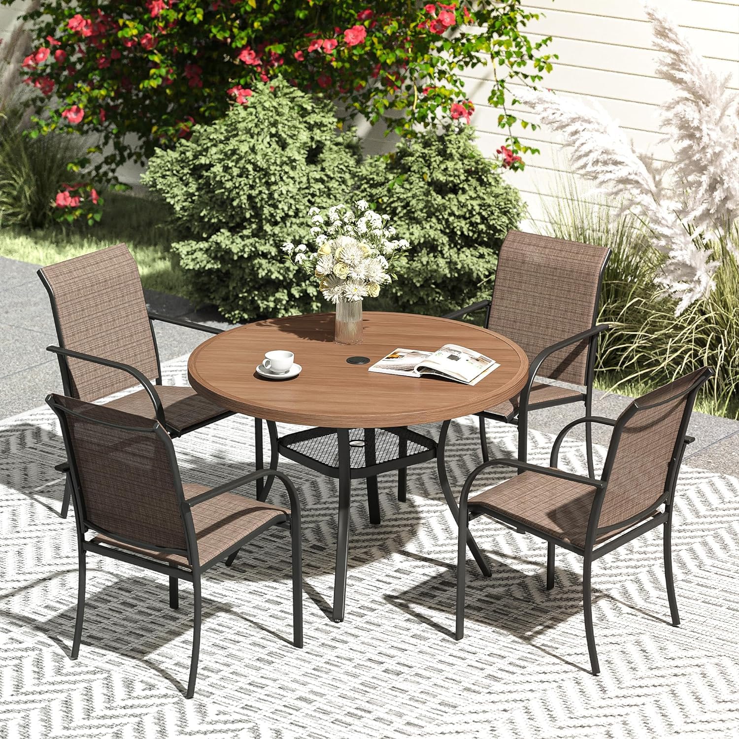 VICLLAX 5-Piece Outdoor Dining Set - Round Patio Table with 4 Sling Chairs, Brown & Walnut Finish - Perfect for Backyard, Garden, Deck or Poolside Gatherings