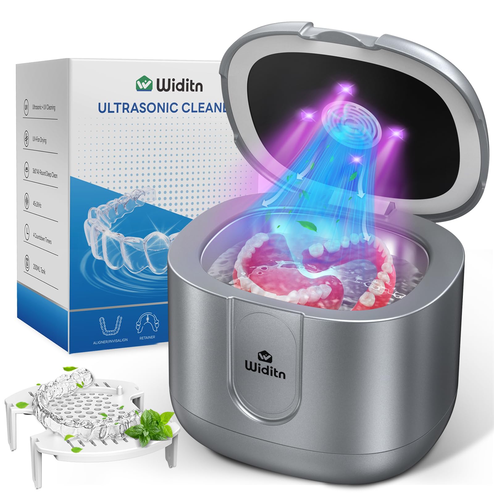 Widit Ultrasonic Retainer Cleaner with UV Light & Drying Function, 46kHz Sonic Cleaning Machine - 4 Modes & Digital Timer for Dentures, Mouth Guards, Braces, Aligners, Jewelry - Perfect for Daily Dental Care & Jewelry Cleaning at Home