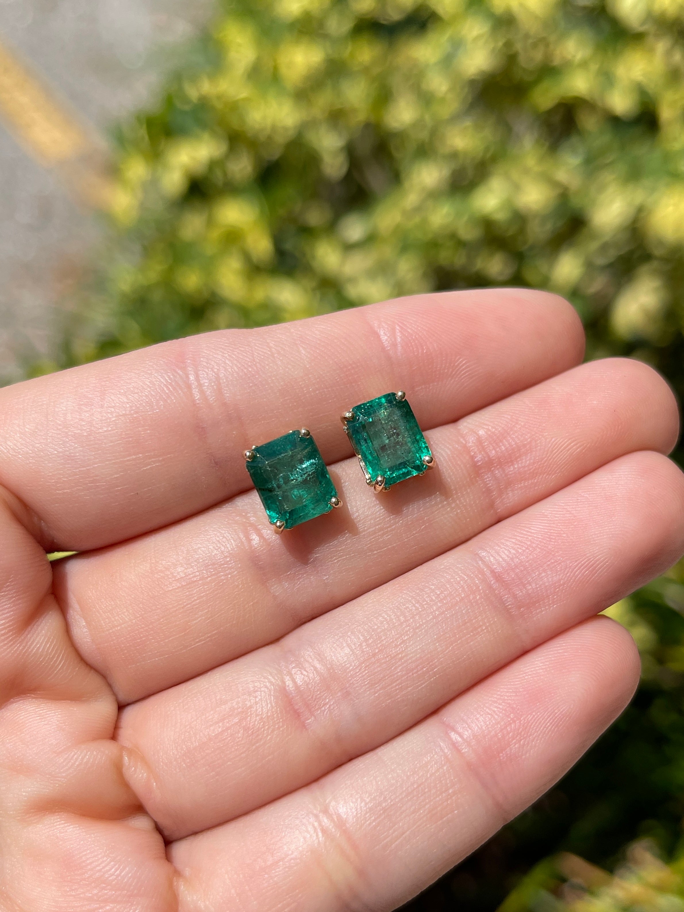 6.70tcw Zambian Emerald Emerald Cut Fleur De Lis Stud Earrings in 14K Gold - Elegant Jewelry for Women, Perfect for Weddings, Parties & Special Occasions