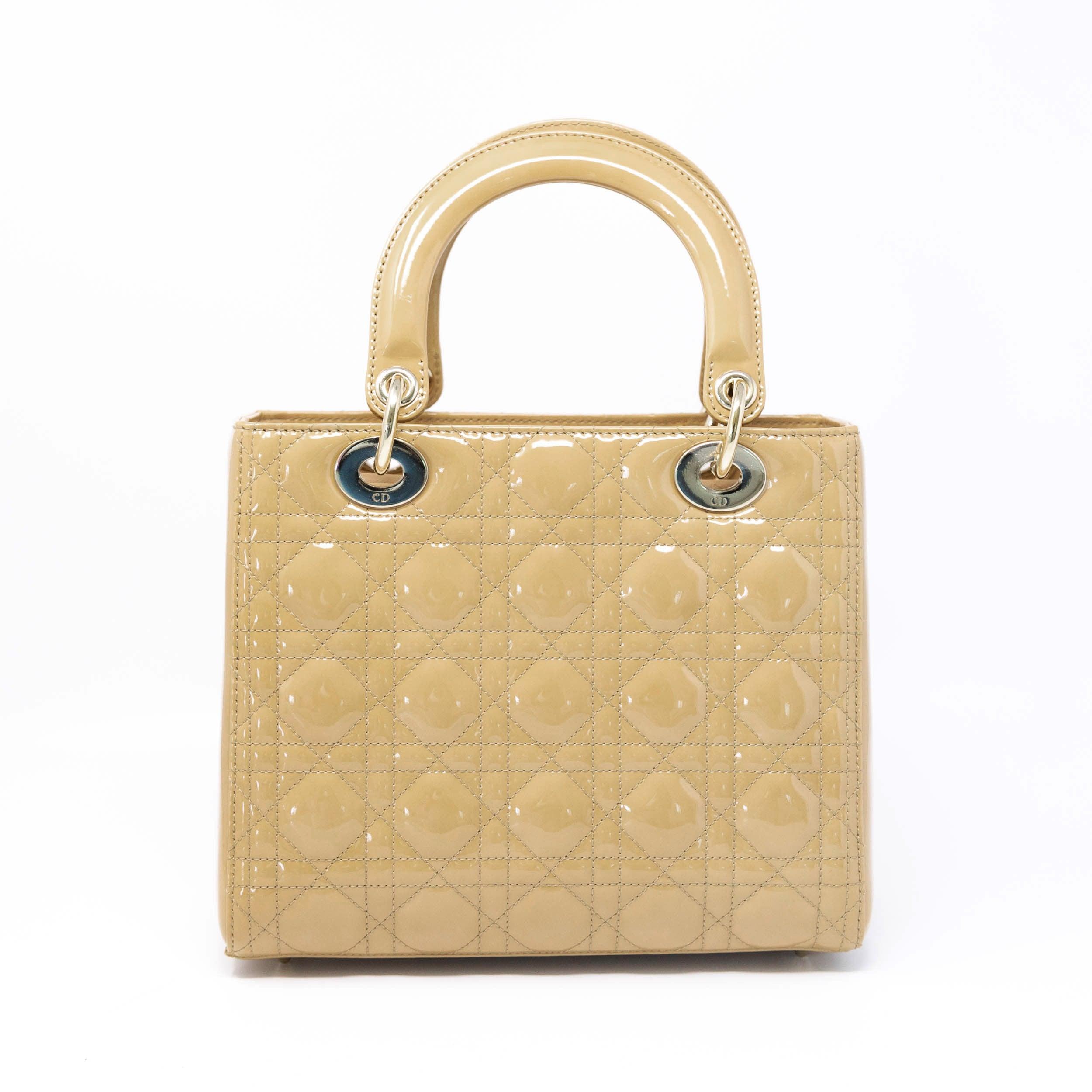 Dior Beige Patent Leather Medium Lady Dior Handbag - Luxury Designer Shoulder Bag for Women, Perfect for Parties, Weddings & Special Occasions