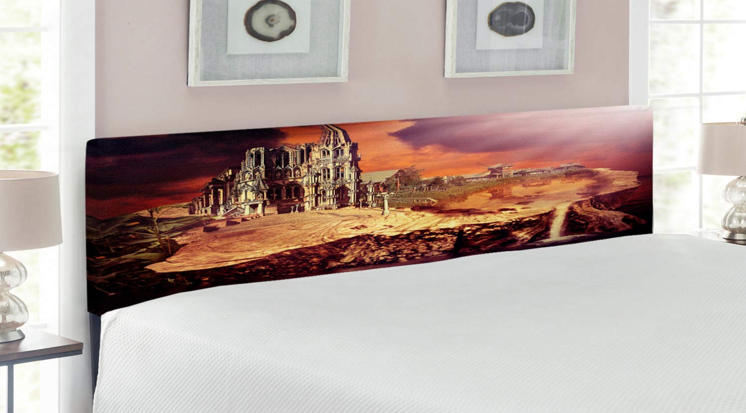 Ambesonne Gothic King Size Headboard - Fantasy Castle & Village Medieval Art Upholstered Bed Frame with Memory Foam | Purple & Cream Decorative Metal Headboard for Gothic Bedroom, Vampire Theme Decor, Dark Fantasy Home Design