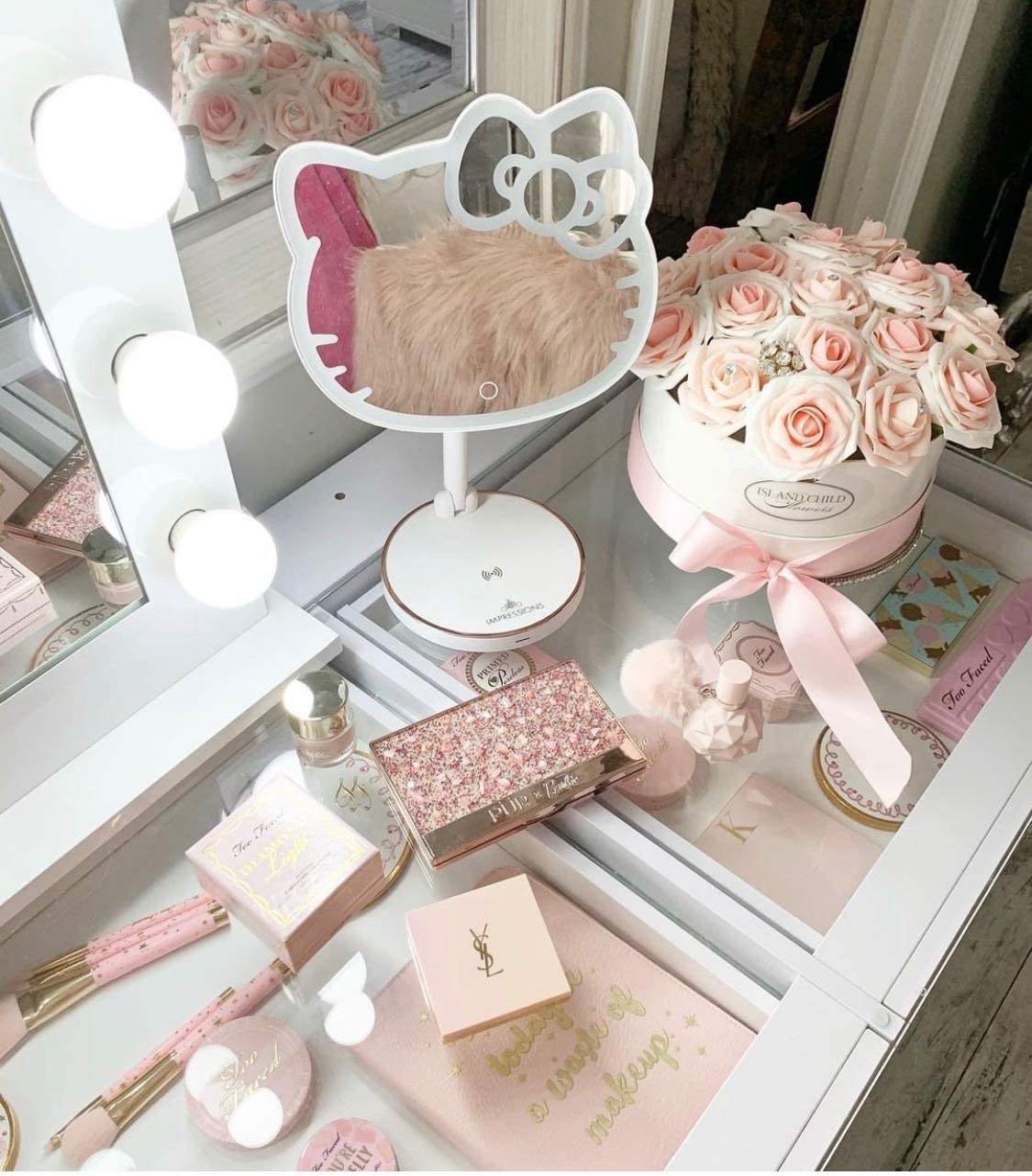 Hello Kitty LED Makeup Mirror with 360° Rotation & Touch Sensor - Rechargeable Vanity Mirror with Adjustable Brightness & Light Strip for Home, Bedroom, and Travel Beauty Routine