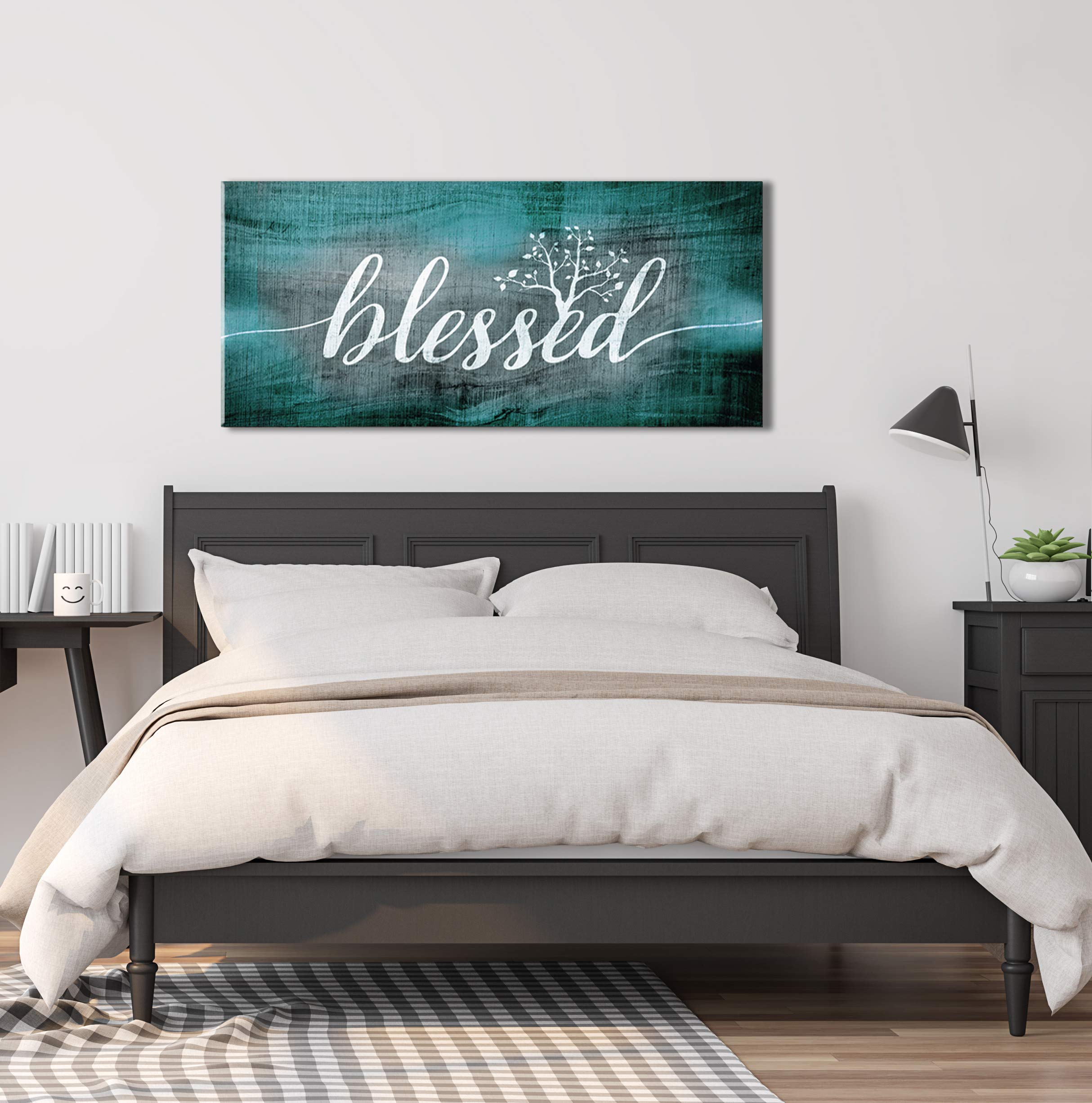 Christian Wall Art - Blessed Sign & Thankful Quotes Religious Wall Decor | 42x19 Inch Teal Blessed Word Sign | Perfect for Home, Church & Office Inspirational Decor