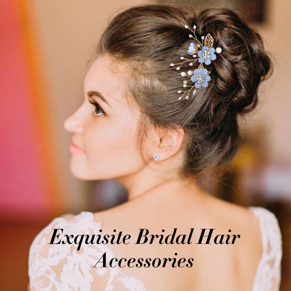 18-Piece Bridal Hair Accessories Set - Pearl Rhinestone Light Blue Flower Side Combs, U-Shaped Pins & Spiral Hairpins for Weddings, Prom, Parties | Perfect for Brides, Bridesmaids & Women