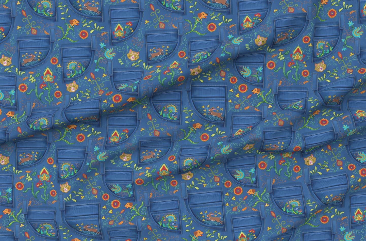 Denim Red Orange Turquoise Fabric - Fat Quarter for Sewing & Decor