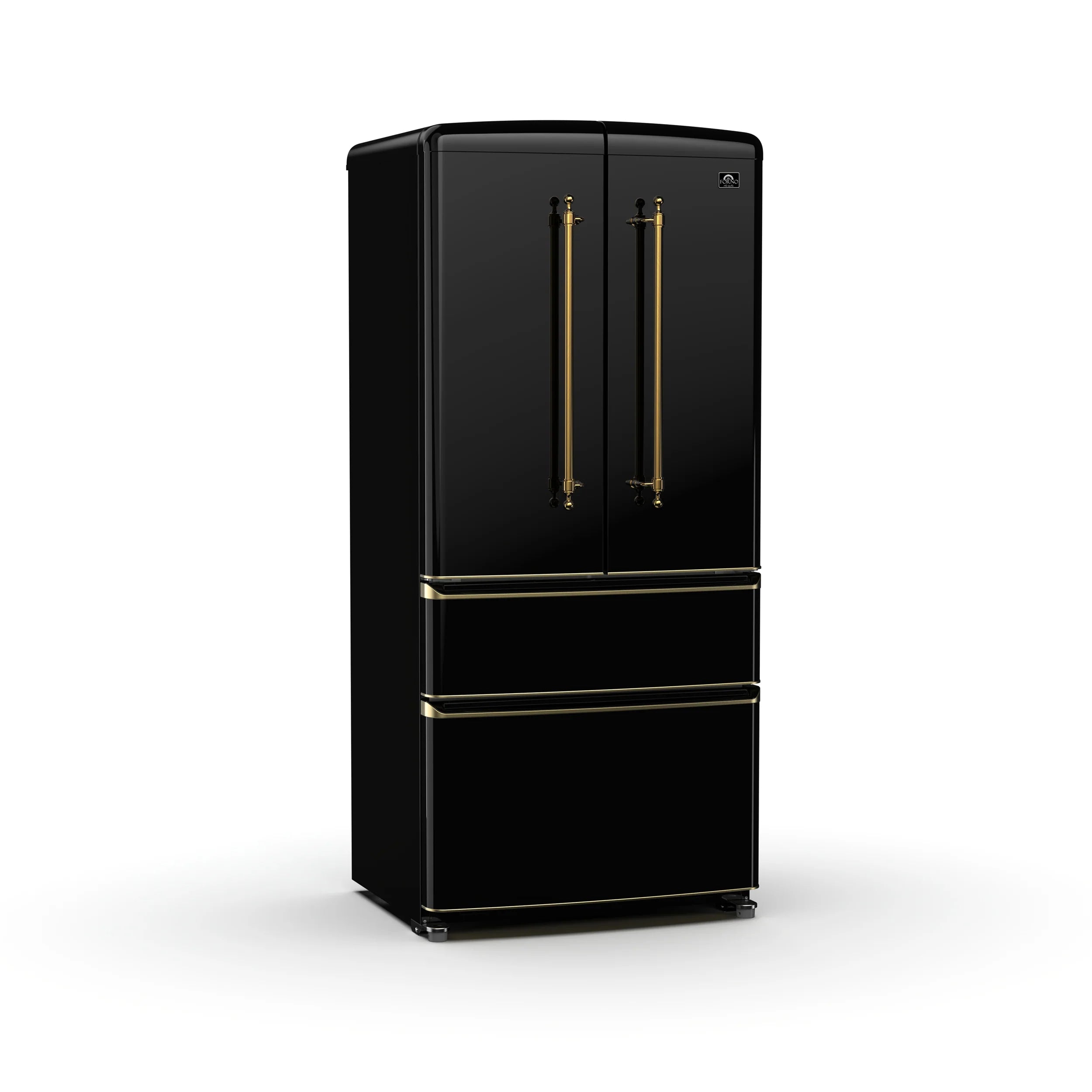 Forno Luigi 33 Inch French Door Refrigerator with Black Finish & Antique Brass Handles - Model FFFFD1791 33BLK | Perfect for Modern Kitchens & Open-Concept Homes