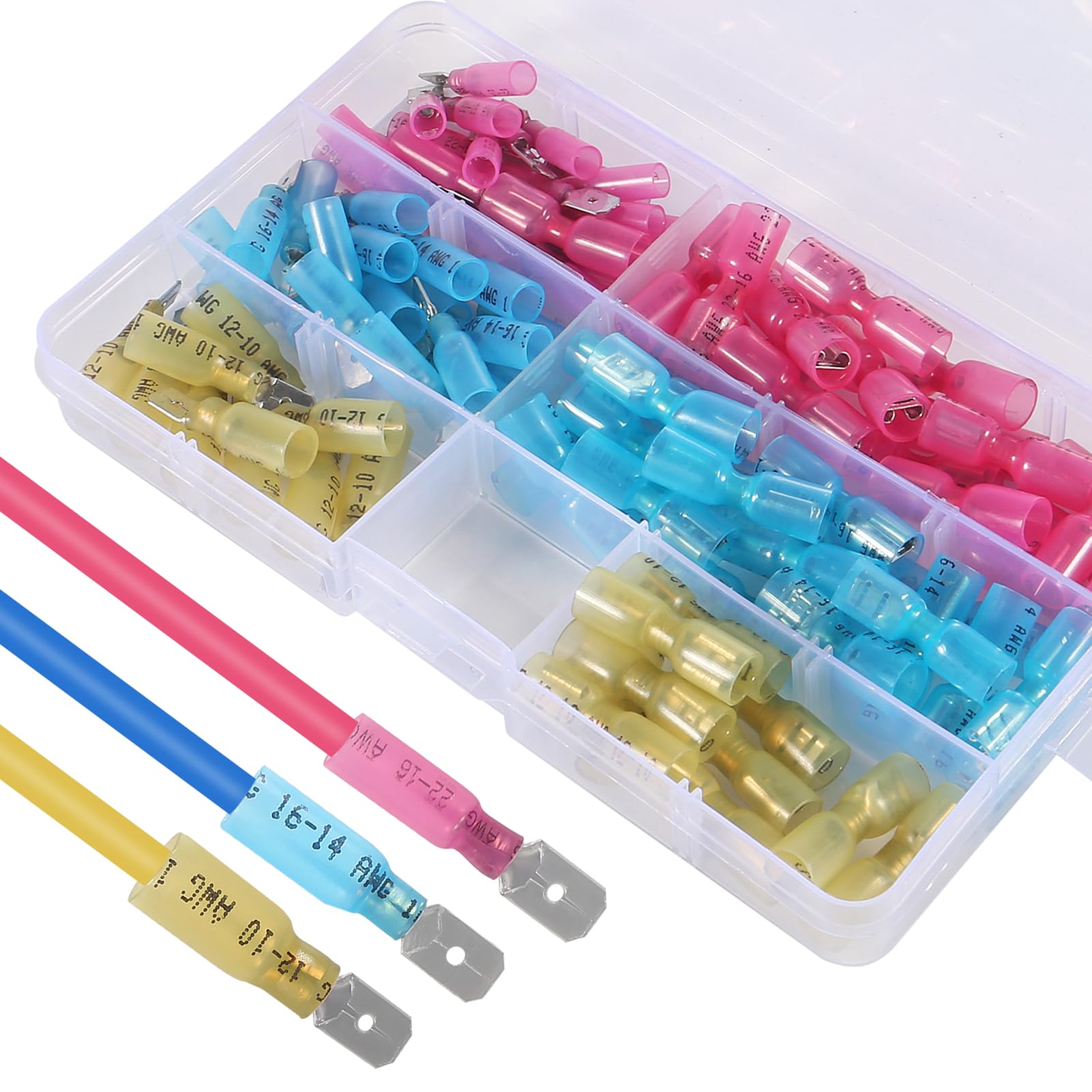 100PCS Heat Shrink Spade Connectors 22-10 AWG - Waterproof Insulated Male & Female Quick Disconnect Electrical Terminals Kit for Automotive, Marine, and Home Wiring Projects