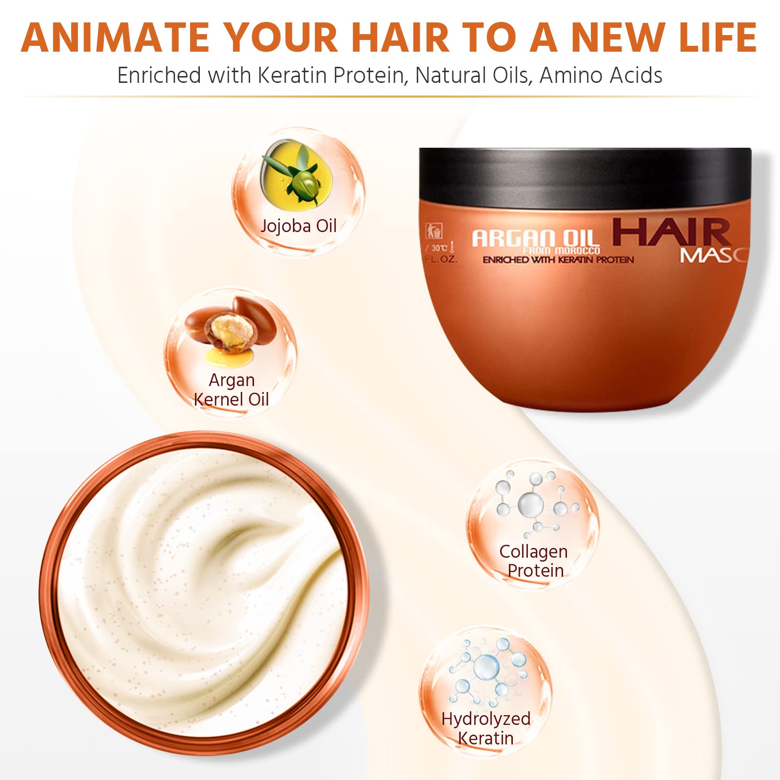 Nuspa Argan Oil Hair Mask - Sulfate Free Deep Conditioner for Dry Damaged Hair with Organic Jojoba Oil, Aloe Vera, Collagen & Keratin | Repairing Treatment for Frizzy, Color-Treated & Heat-Damaged Hair at Home or Salon
