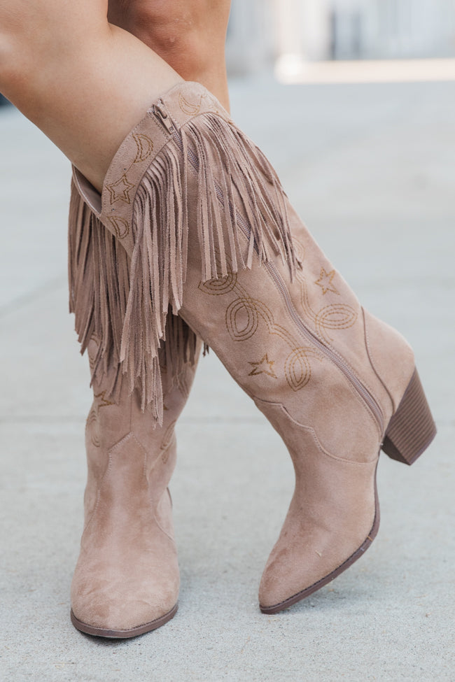 Stylish Suede Fringe & Star Embellished Boots in Warm Taupe - Women's Western Ankle Boots for Fall & Winter Fashion | Perfect for Parties, Concerts and Casual Outings