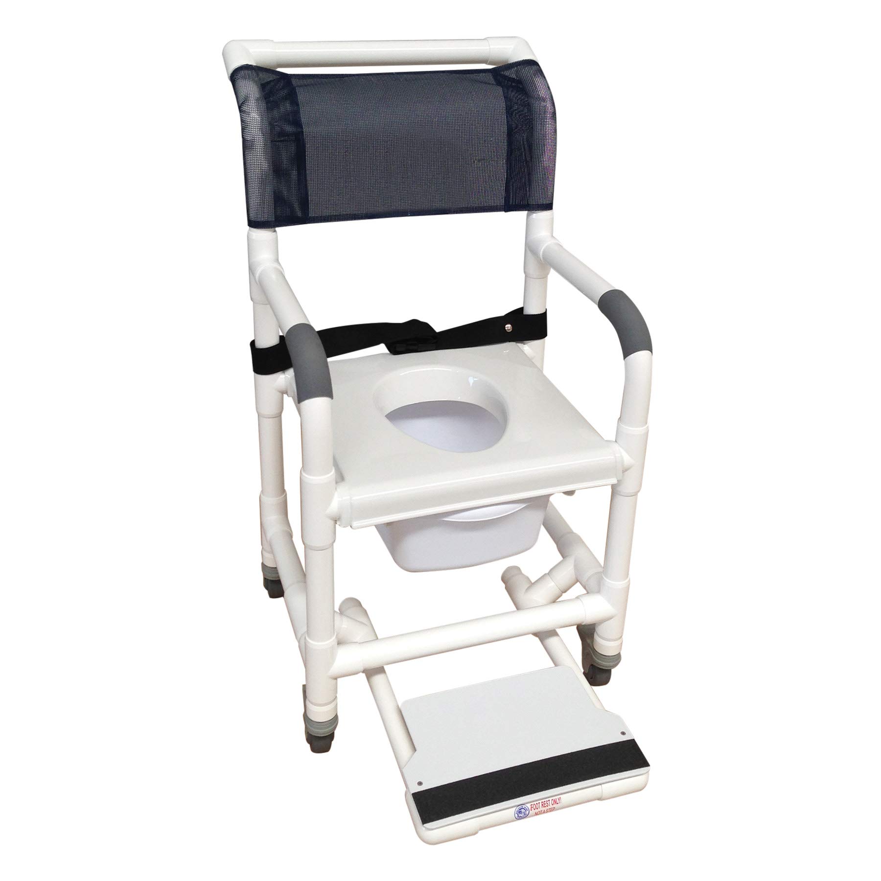 MJM International Clamp-On Shower Chair with Splash Guard, Safety Belt & Commode Pail – 300 lbs Weight Capacity, Adjustable Footrest – Royal Blue (40.5