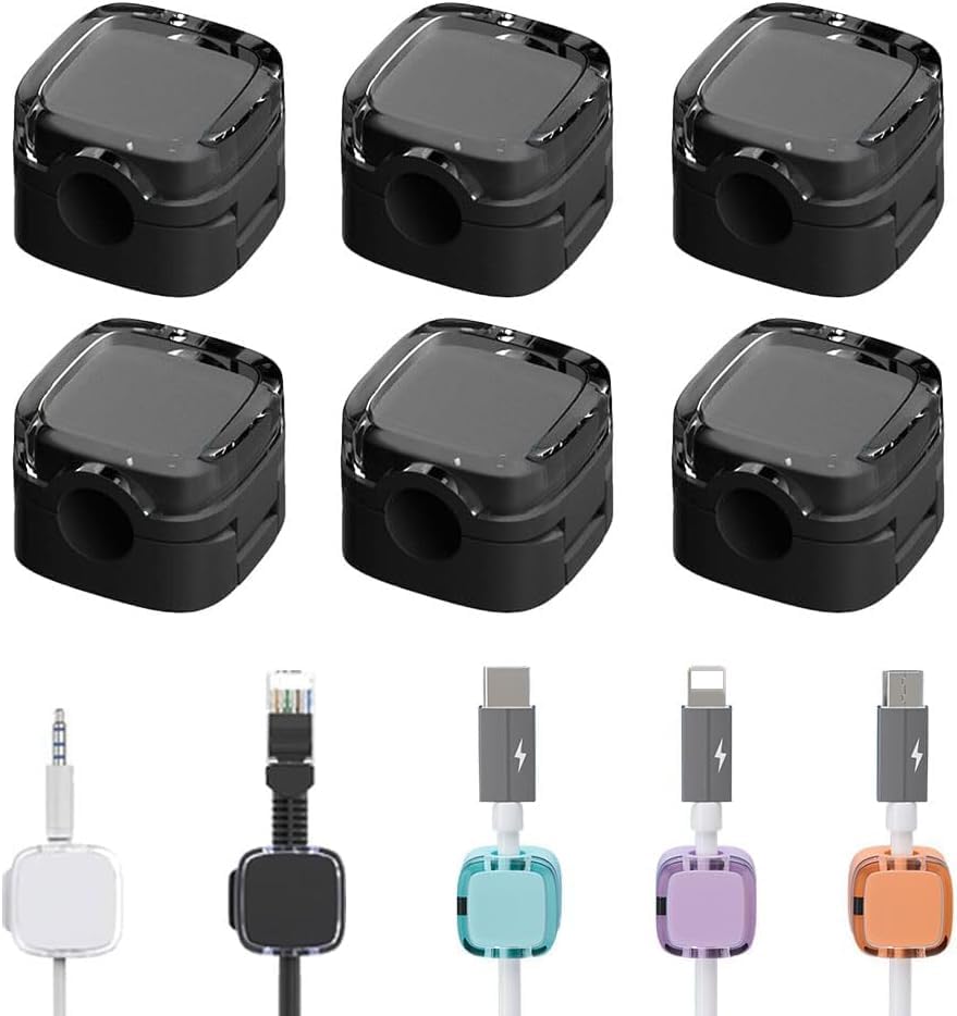 6 Pack Magnetic Cable Organizer - 2024 New Strong Adhesive Cord Organizer for Phone USB Charging Cables - Neat Wire Storage Holder (Black) - Perfect for Home Office Desk, Car, Travel & Workspace Organization
