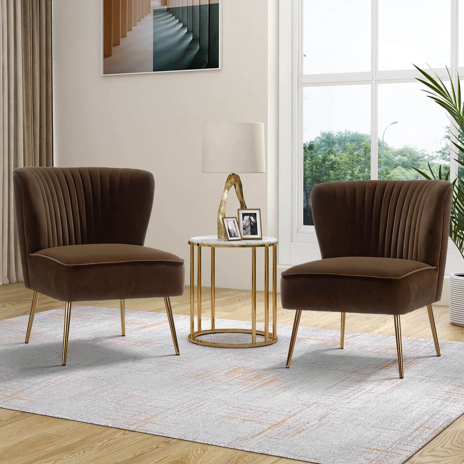 TINA'S HOME 2-Piece Velvet Accent Chair Set with Golden Metal Legs - Mid Century Modern Upholstered Armless Slipper Chairs, Wingback Design for Living Room, Bedroom & Vanity (Brown) - Perfect for Small Spaces, Reading Nooks & Home Decor