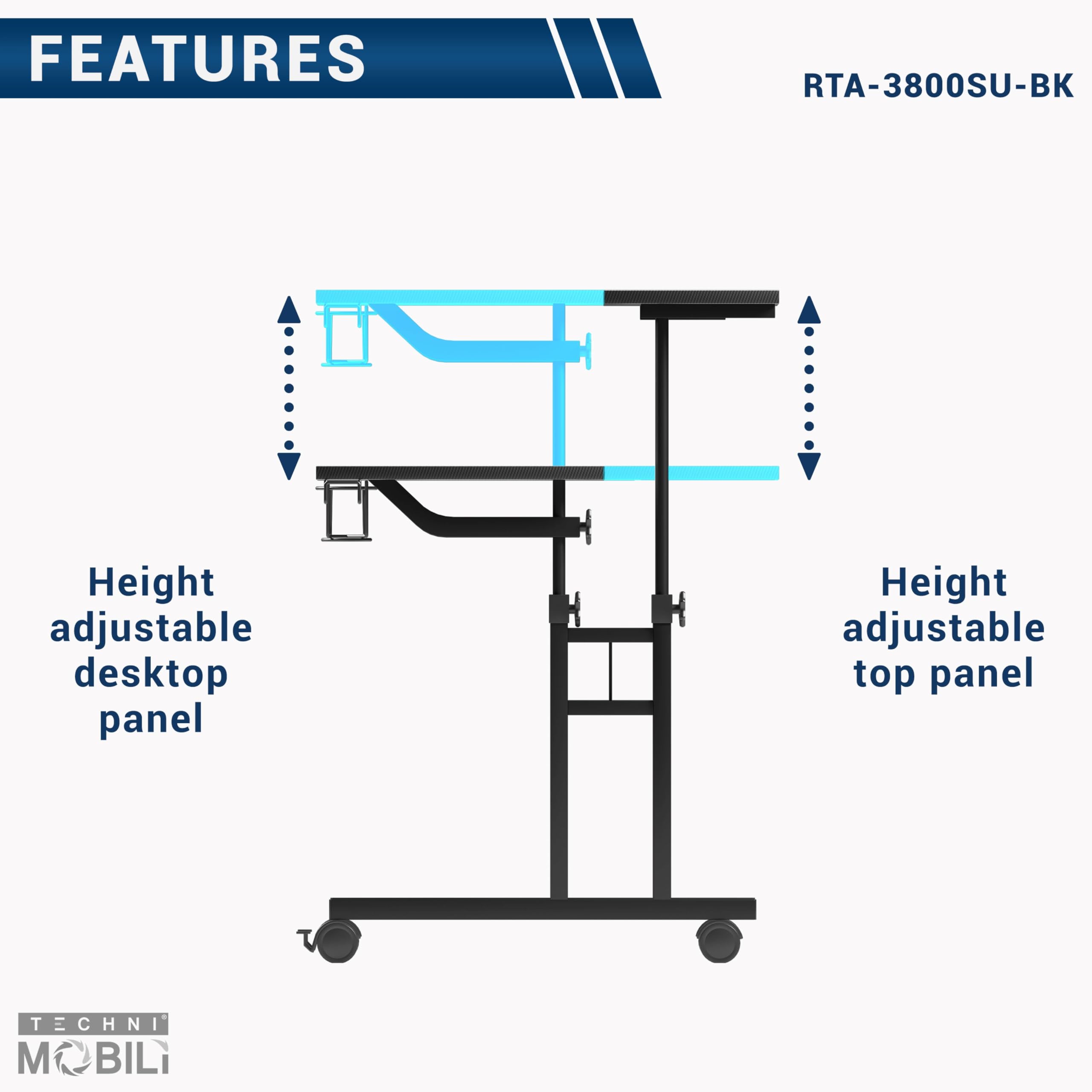 Techni Mobili Adjustable Height Rolling Standing Desk with Wheels - 2-Tier Mobile Office & Gaming Desk with Cup Holder - Black - Perfect for Home Office, Gaming Setup & Small Spaces