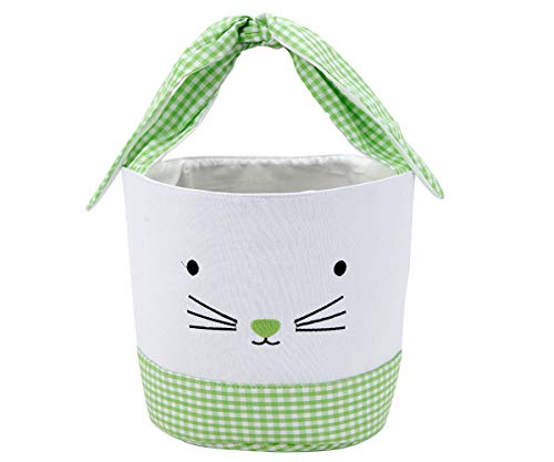 Easter Bunny Basket Egg Bags for Kids - Personalized Cotton Canvas Easter Egg Candy Basket with Fluffy Tail - Cute Rabbit Print Bucket for Easter Egg Hunt, Party Favors & Spring Gift Giving