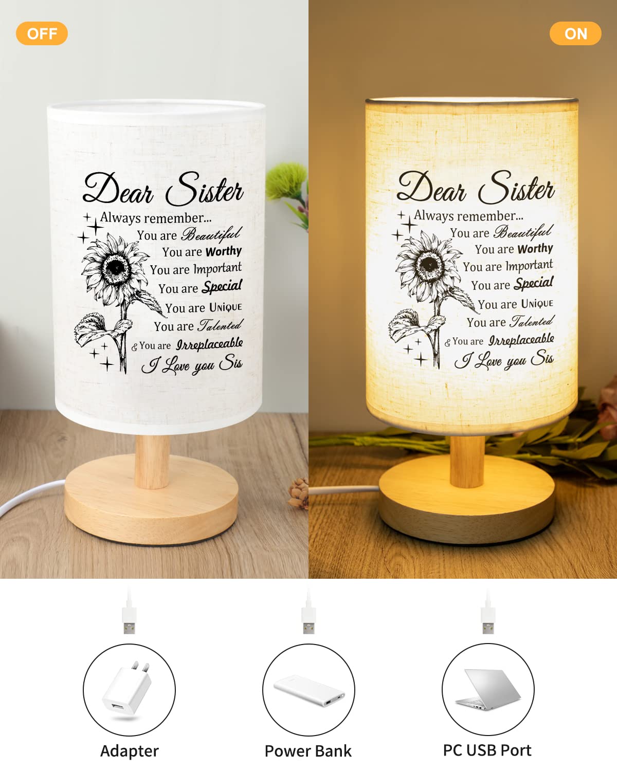 Custom Sister Birthday Gift - Handmade Fabric Table Lamp with Wooden Stand | Thoughtful Anniversary & Wedding Present for Sisters | Perfect for Bedroom Decor, Home Office Lighting & Special Occasions