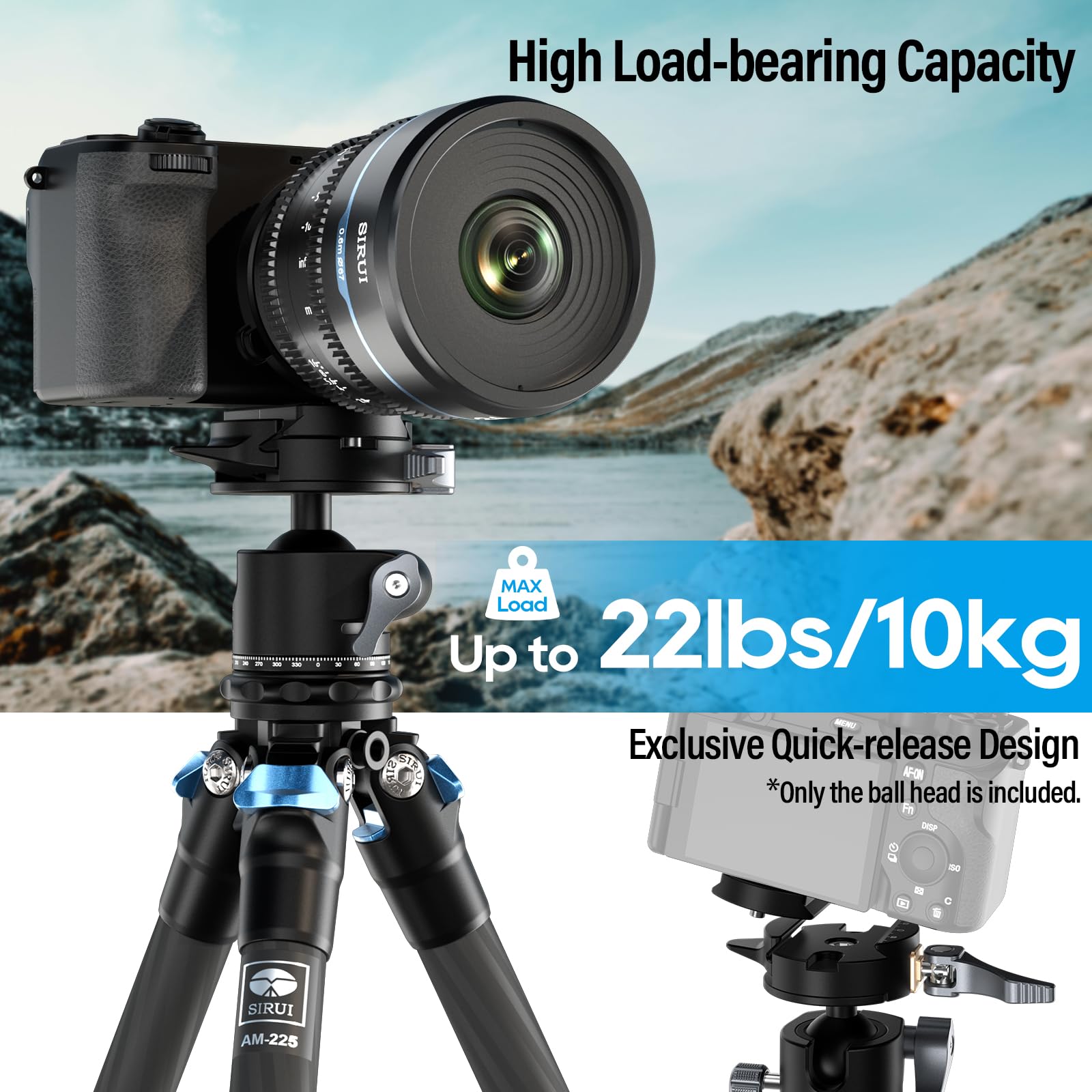 SIRUI GH30 Low Profile Quick Release Ball Head Tripod Mount - 360° Panoramic Metal Camera Head with 1/4