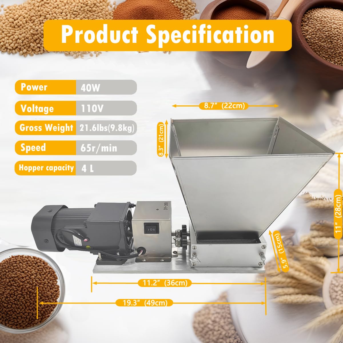 110V 60W 75RPM Stainless Steel Grain Grinder Mill - Manual/Electric Dual Mode with 4 Hopper & 2 Rollers - Perfect for Home Brewing, Crushing Malt, Corn, Wheat, Cereal & Beans - Ideal for Beer Making, Baking & Coffee Grinding