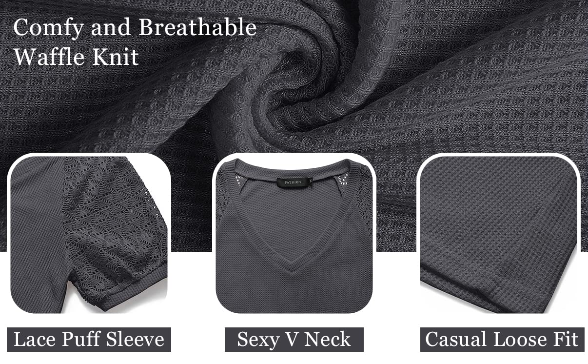 MEROKEETY Women's Summer Lace Short Sleeve V-Neck Blouse - Breathable Waffle Knit Casual Top for 2025 | Perfect for Beach Outings, Date Nights & Office Wear